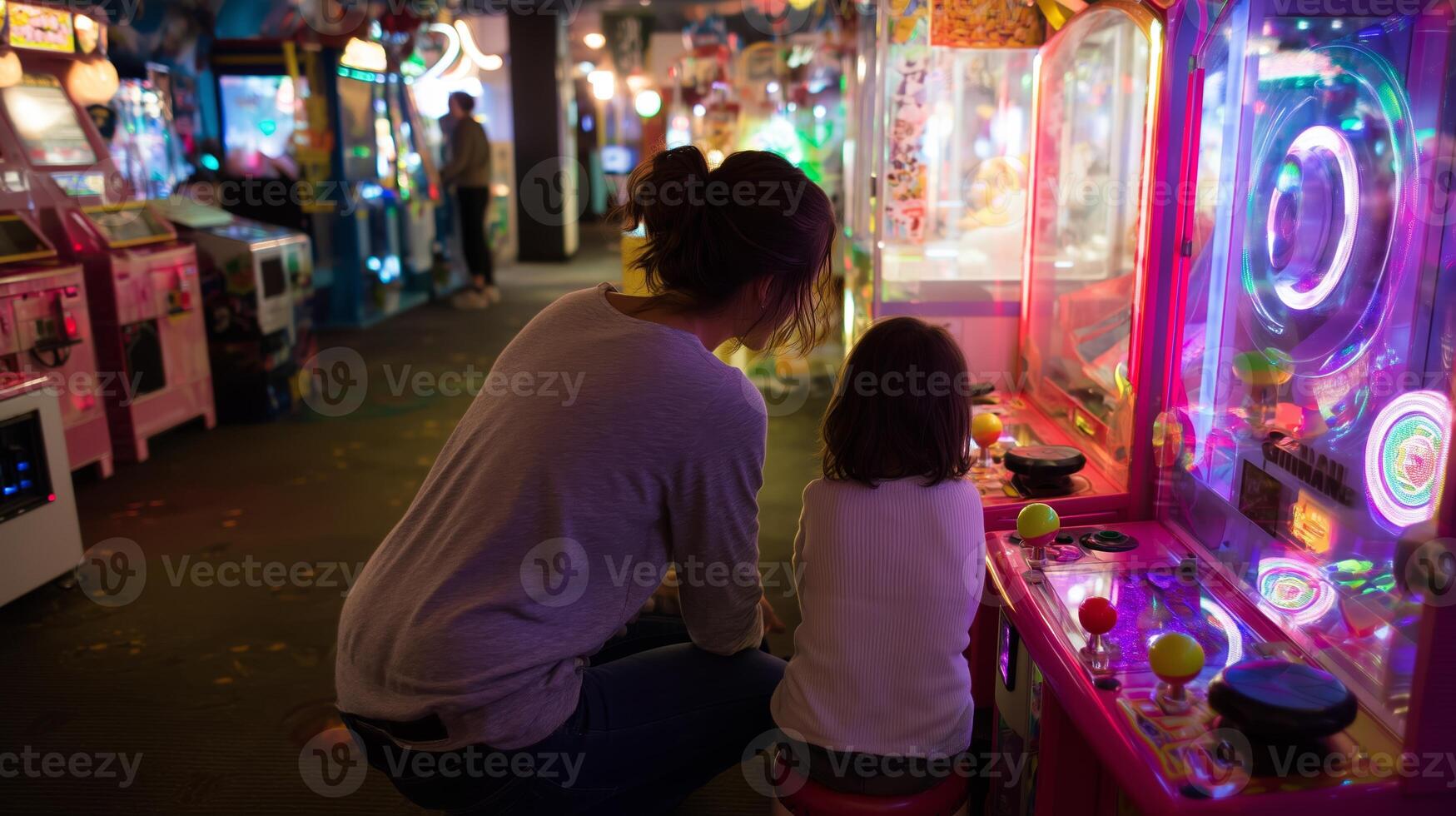 Exciting moments shared in a vibrant arcade filled with colorful games during a fun family outing photo