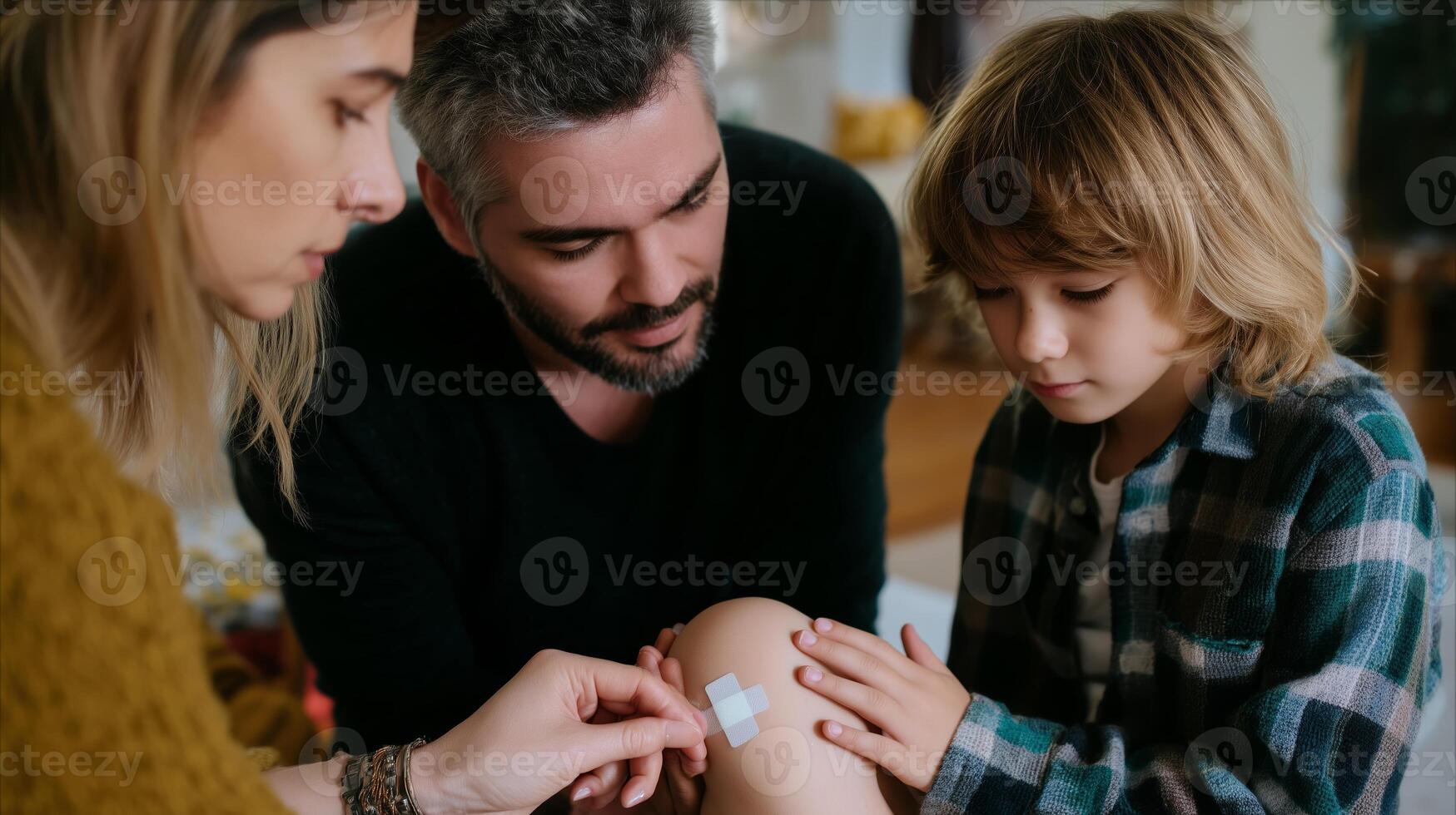 Family caring for child with minor injury while sitting indoors during afternoon photo
