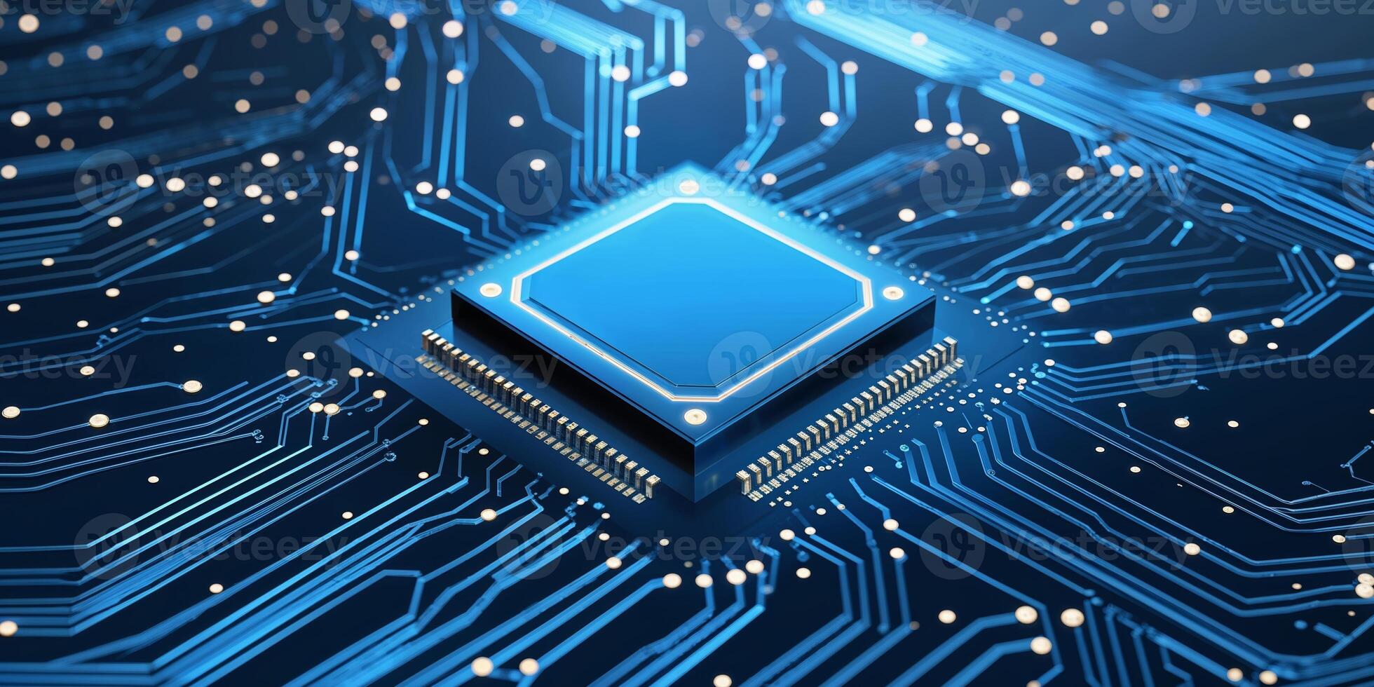 Close-up view of a microchip on a blue circuit board showcasing intricate designs and connections photo
