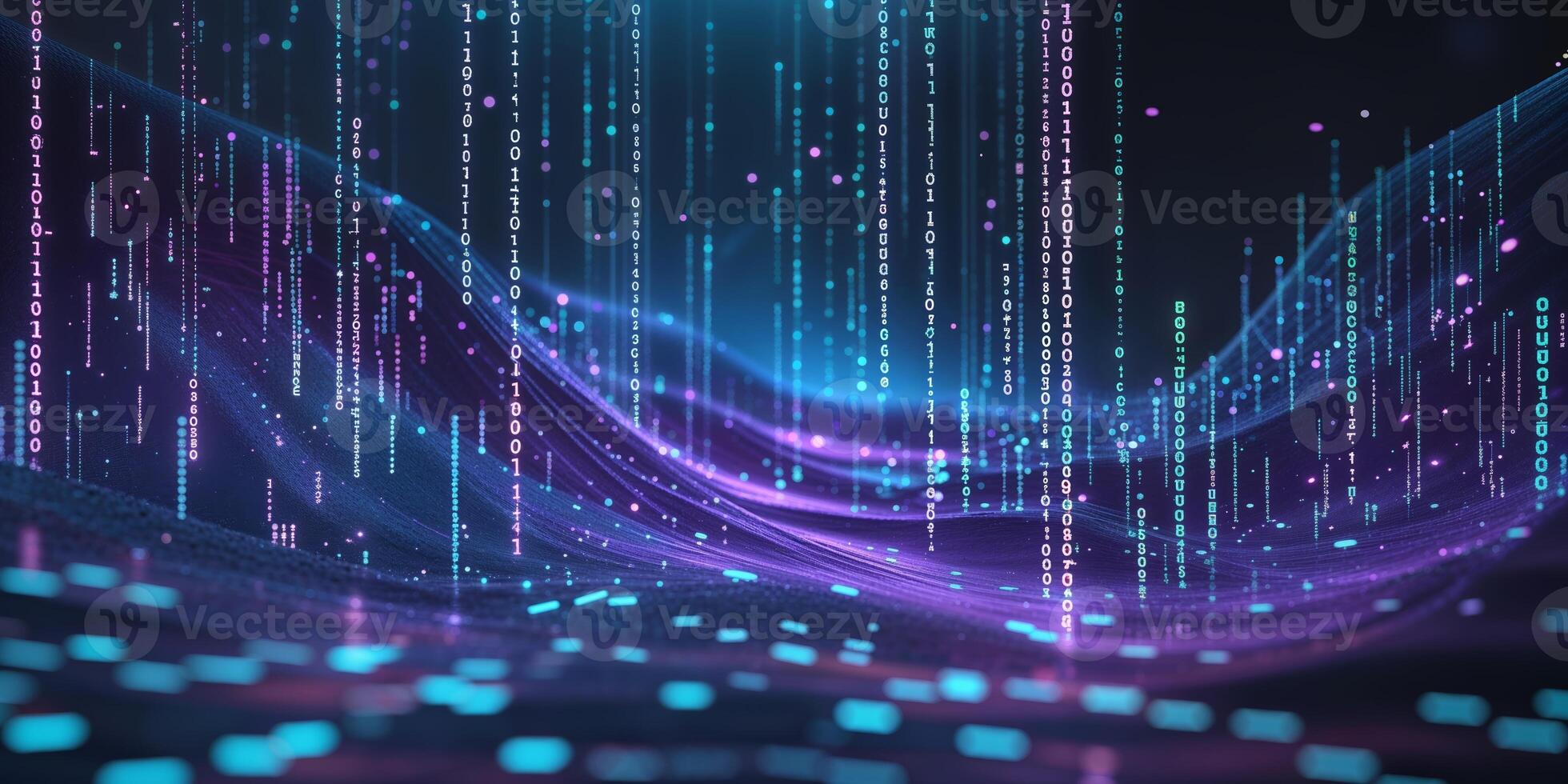 Abstract digital landscape with flowing binary code and vibrant colors at night photo