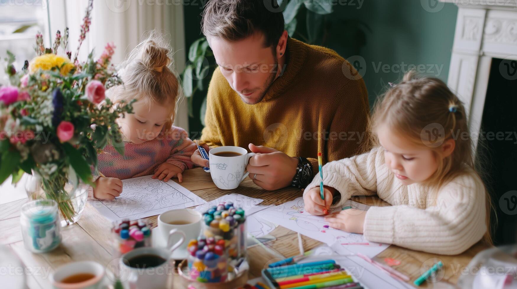 Creative family time at home with kids coloring and enjoying warm drinks in a cozy setting photo