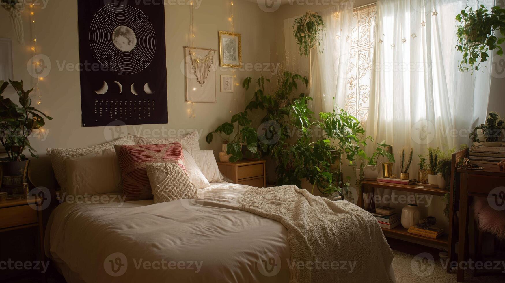 Cozy bedroom with plants and soft lighting, perfect for relaxation and comfort in serene atmosphere photo