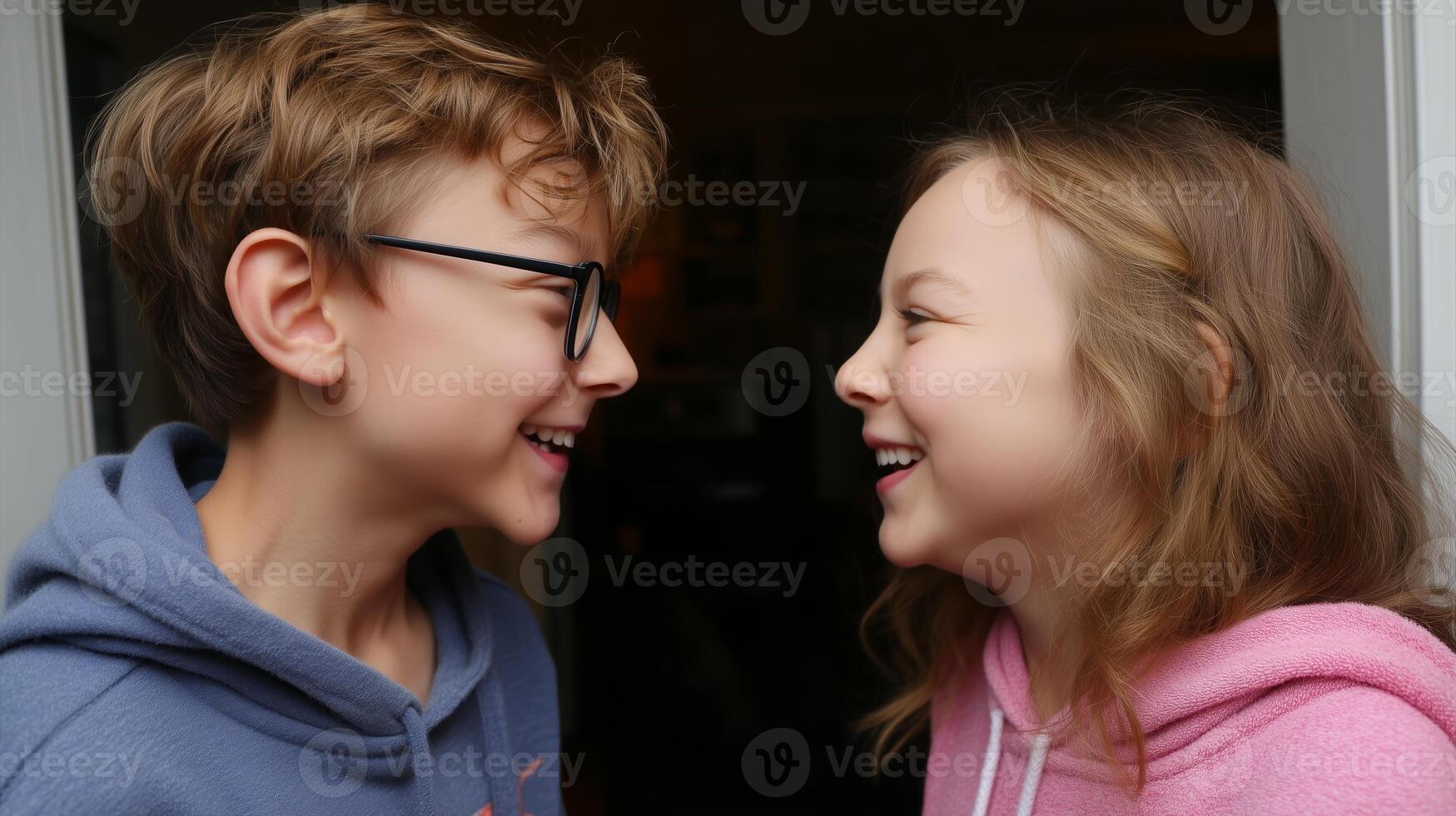 Siblings enjoying playful moment indoors while sharing laughter and joy together in the evening hours photo