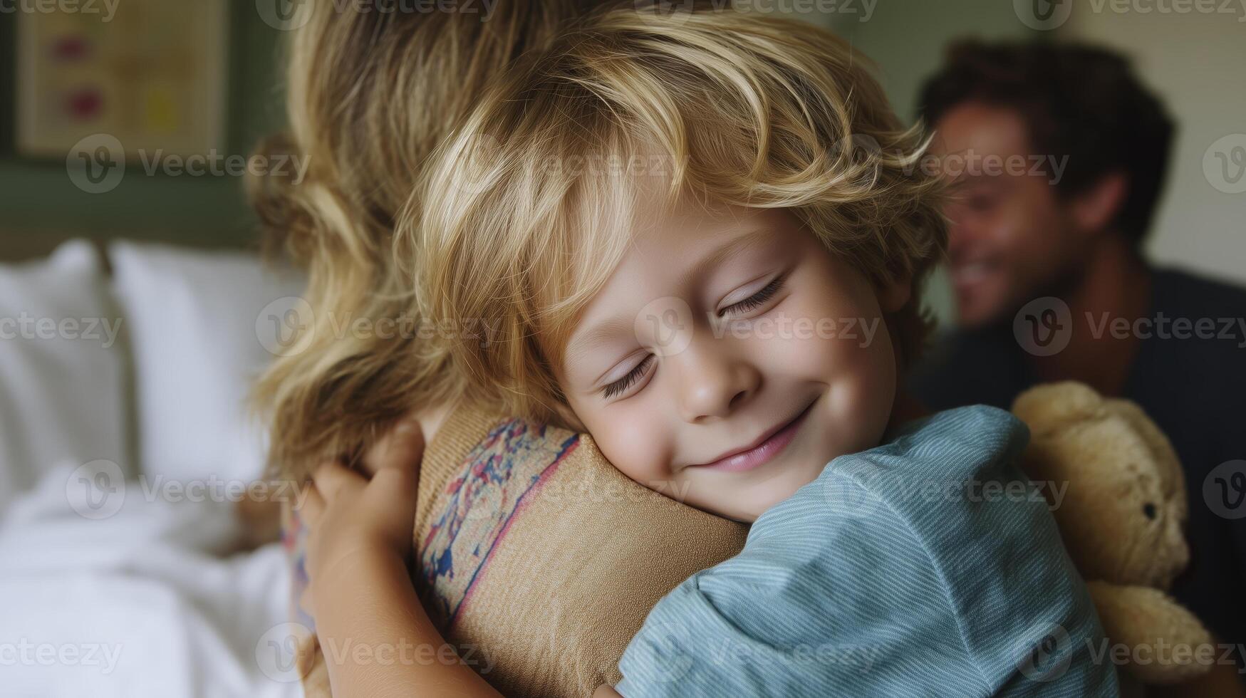 Child hugs parent warmly in cozy indoor setting, capturing a moment of love and connection during a relaxed afternoon photo