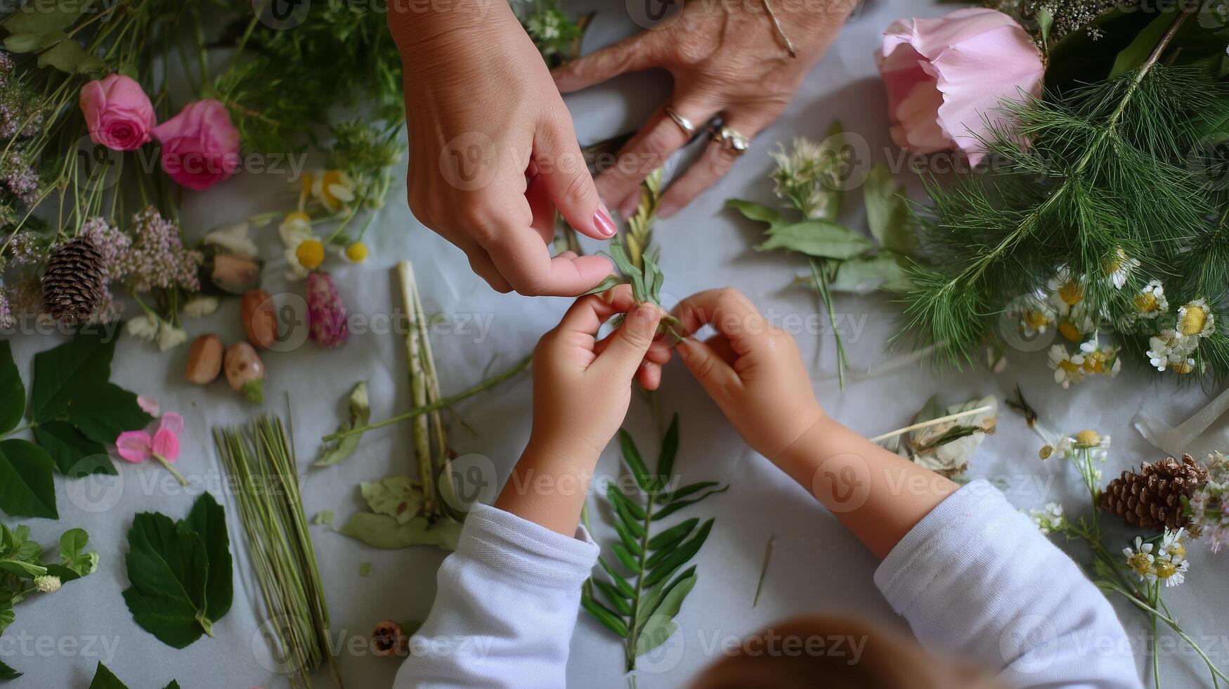 Creating nature crafts with flowers and leaves in a cozy indoor setting photo