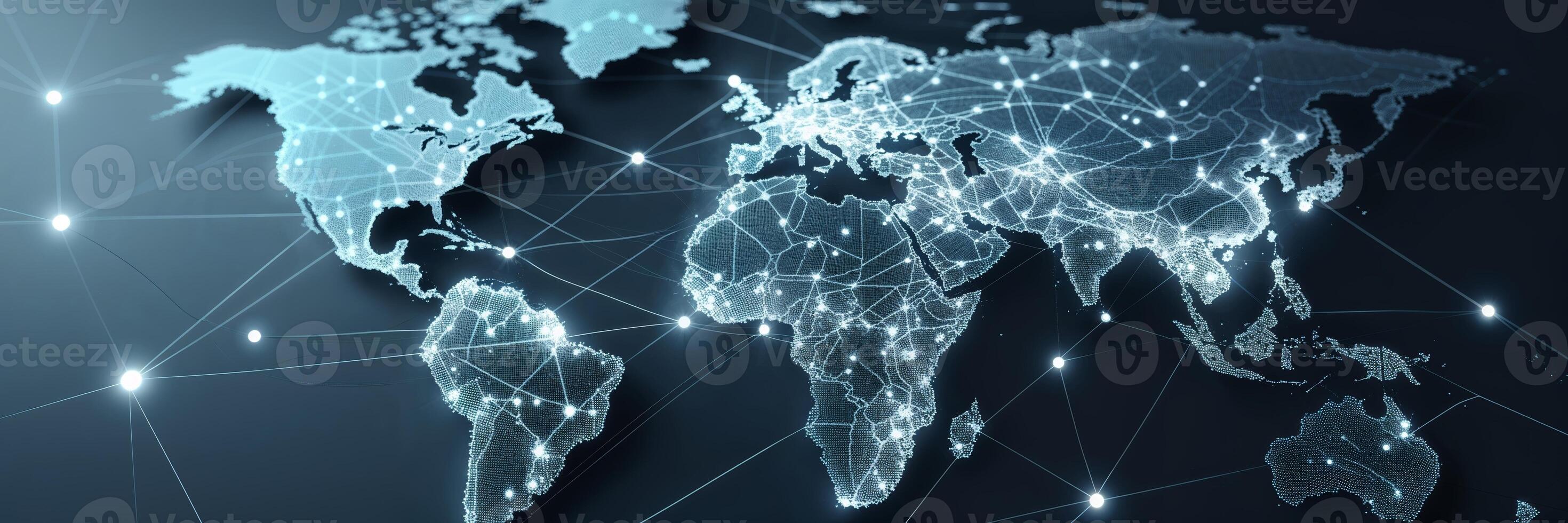 Digital global network representation showcasing interconnected continents and countries photo