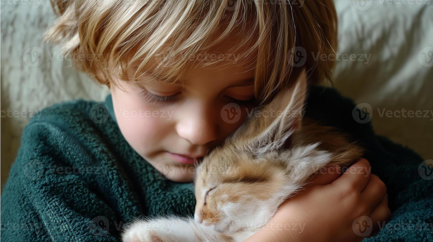 Child embraces a sleeping kitten in a cozy indoor setting during the afternoon photo