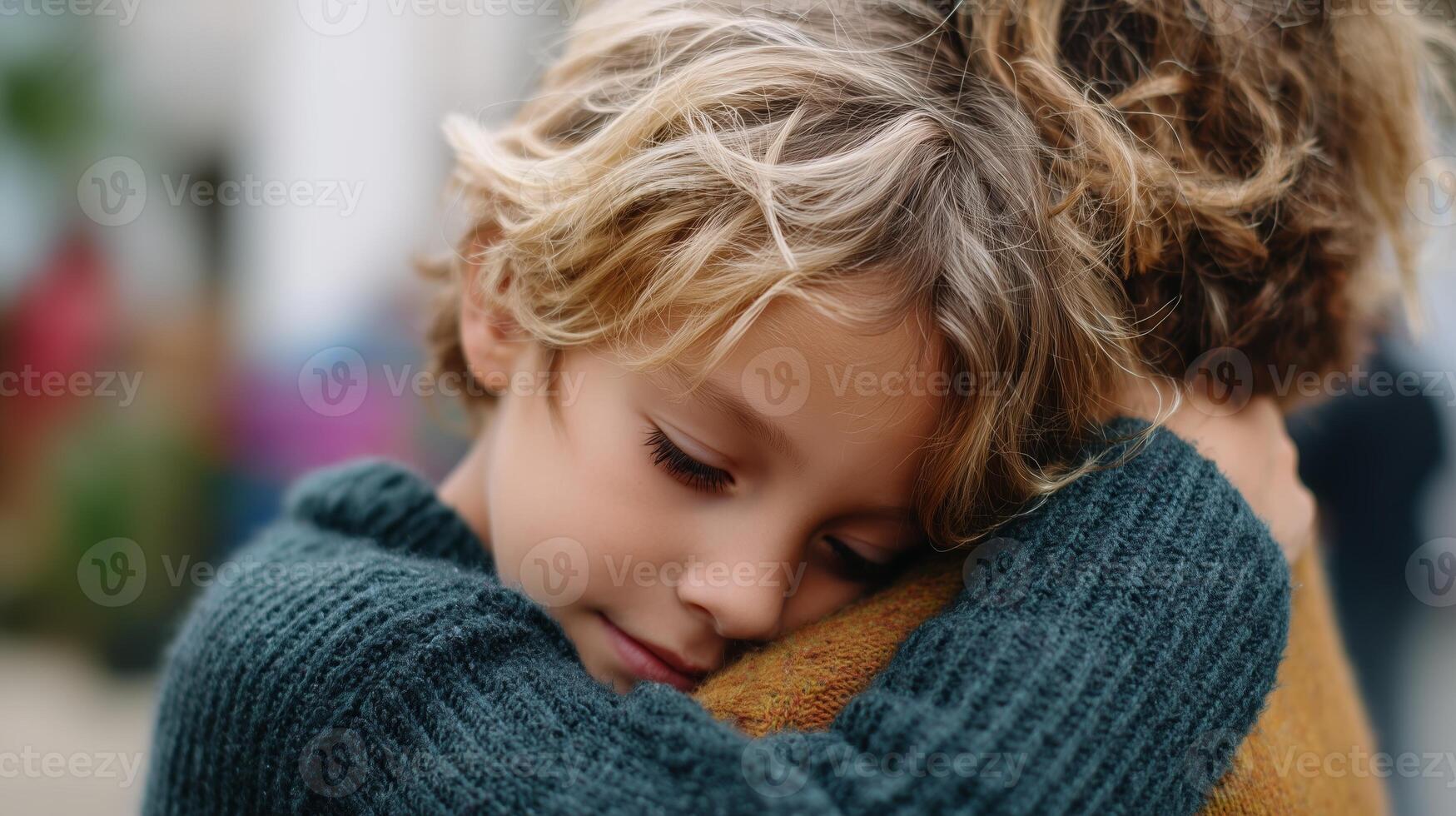 Child sharing a warm embrace with a parent in a cozy outdoor setting during a sunny afternoon photo