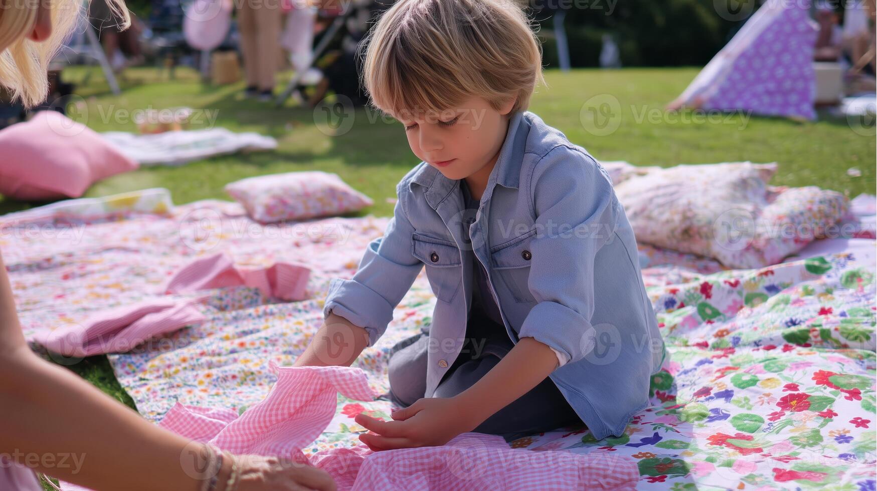 Boy playing with fabric on a picnic blanket during a sunny day at a park photo
