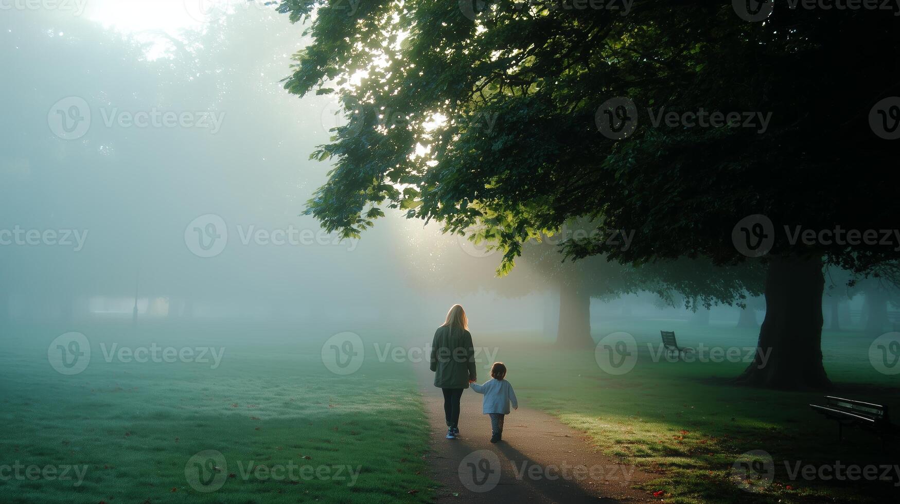 Mother and child walking through foggy park during early morning light on serene autumn day photo