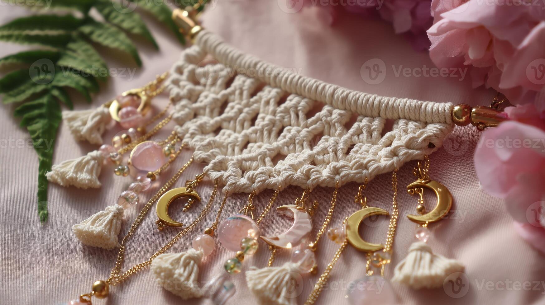 Wall hanging decor showcasing intricate macrame design with gold accents and decorative elements created in a bright, floral setting photo
