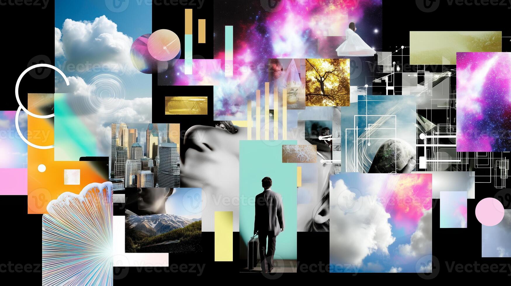 Modern collage of abstract art and cloud imagery featuring a person standing in an urban landscape during a vibrant twilight setting photo