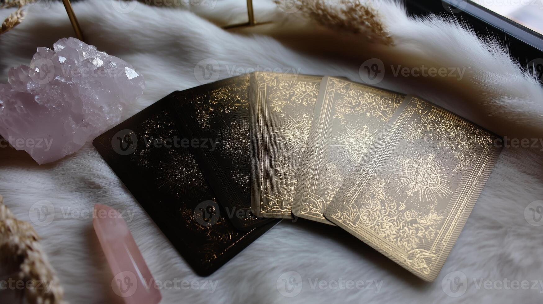 Tarot cards displayed on a soft surface with crystals during a mystical evening reading session photo