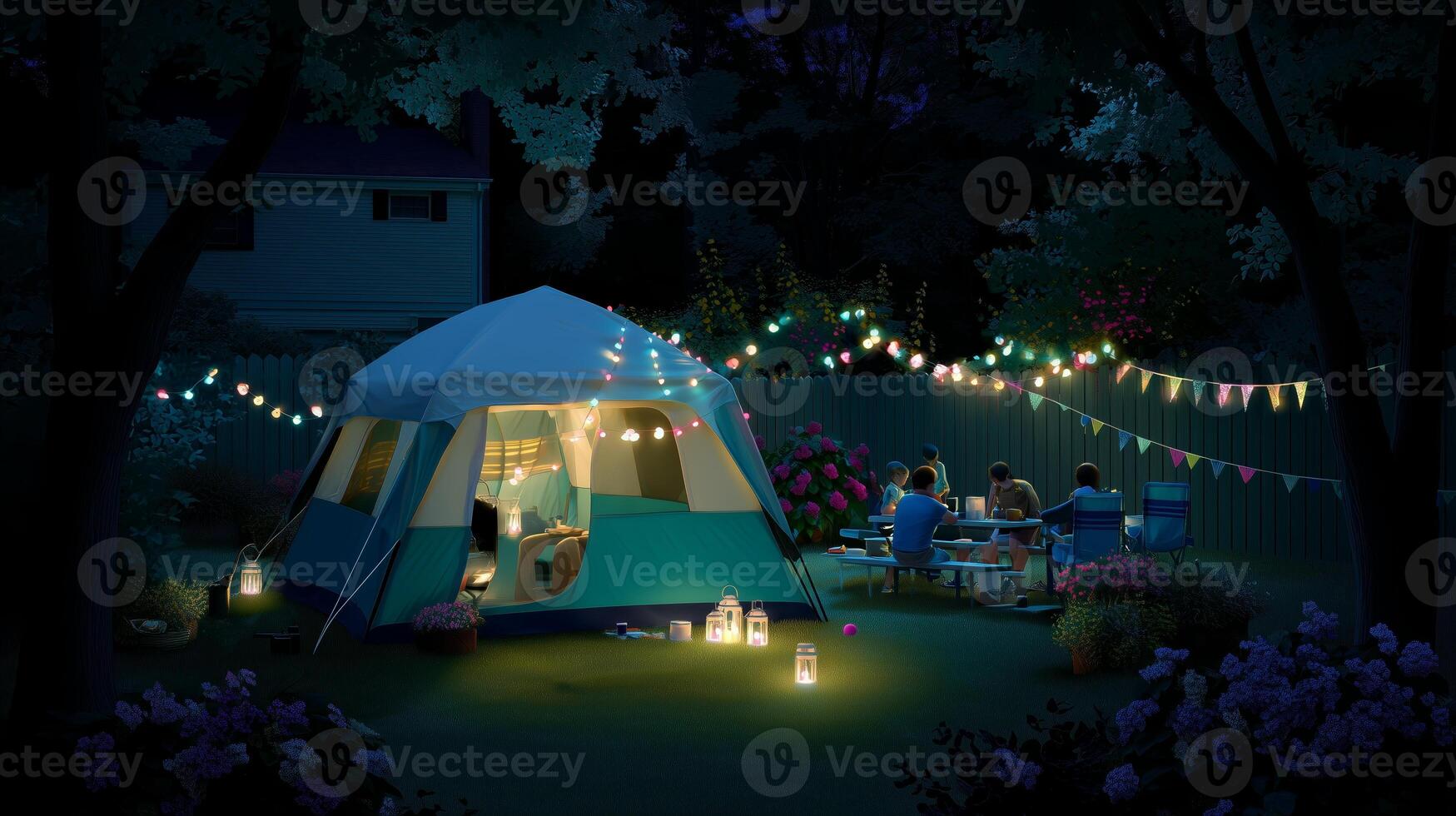 Evening gathering around tents and lights in a backyard during summer photo