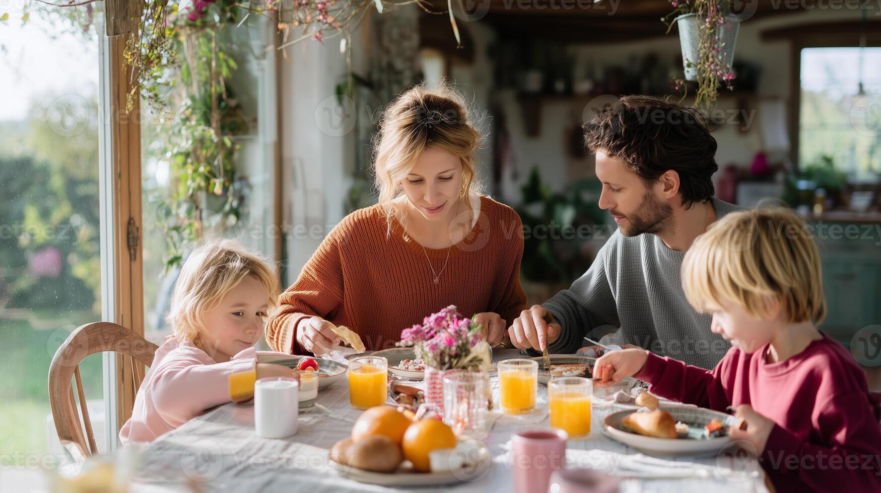 Family enjoys breakfast together at home in a cozy setting on a sunny morning, sharing laughter and delicious food photo