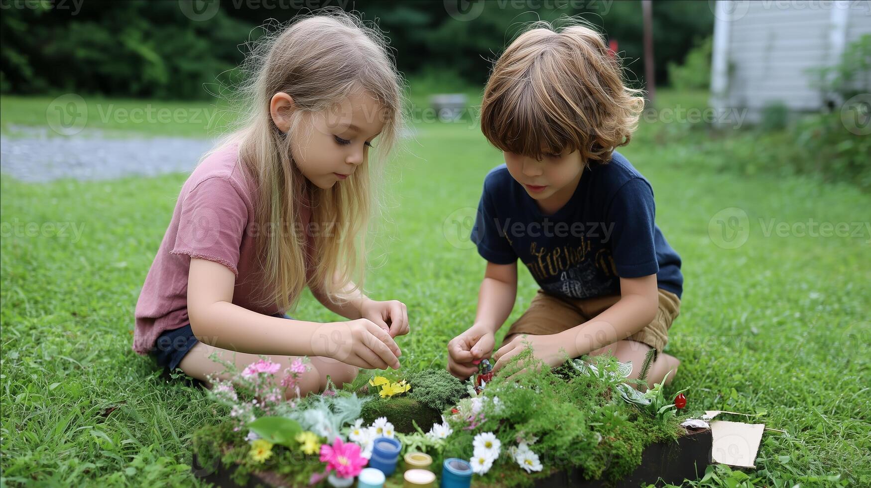 Children engaged in crafting a miniature garden in a backyard on a sunny afternoon photo