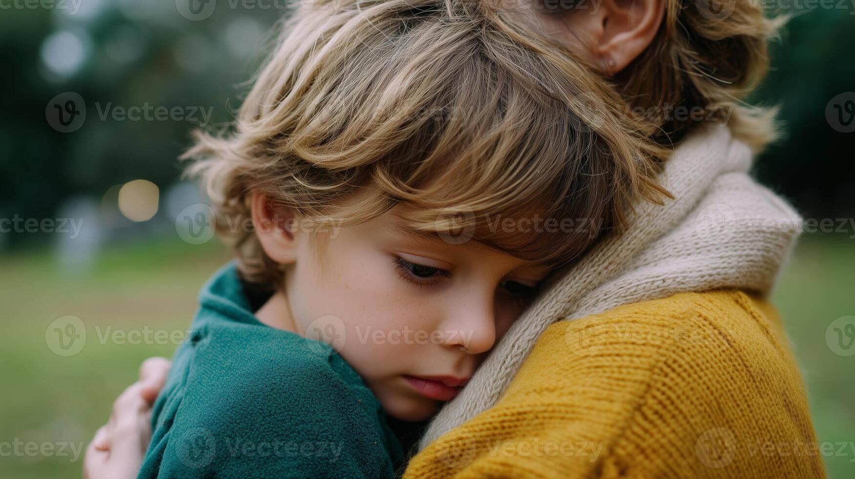 Child embraces caregiver in a park during a serene afternoon, showcasing a moment of love and comfort photo