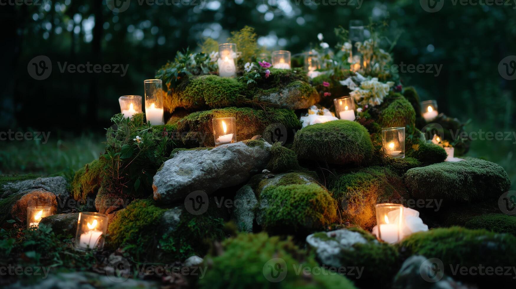 Candles illuminate a serene stone altar surrounded by moss and flowers during twilight in a forest setting photo