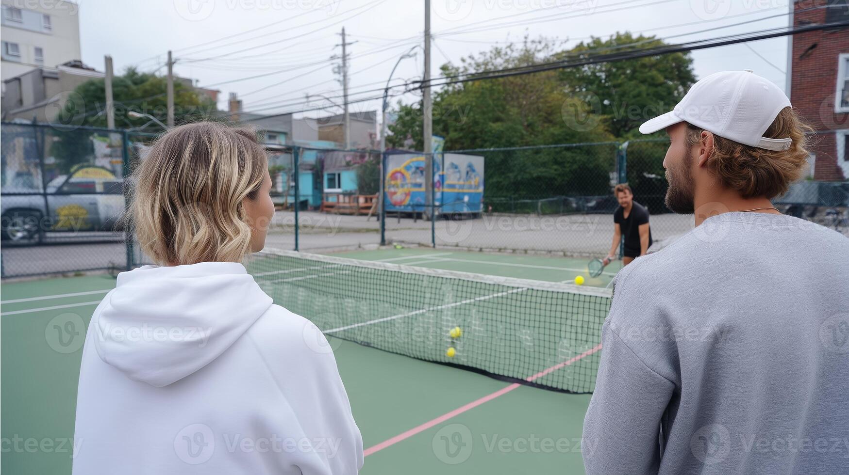 Tennis players practice skills while spectators watch in urban setting during late afternoon photo