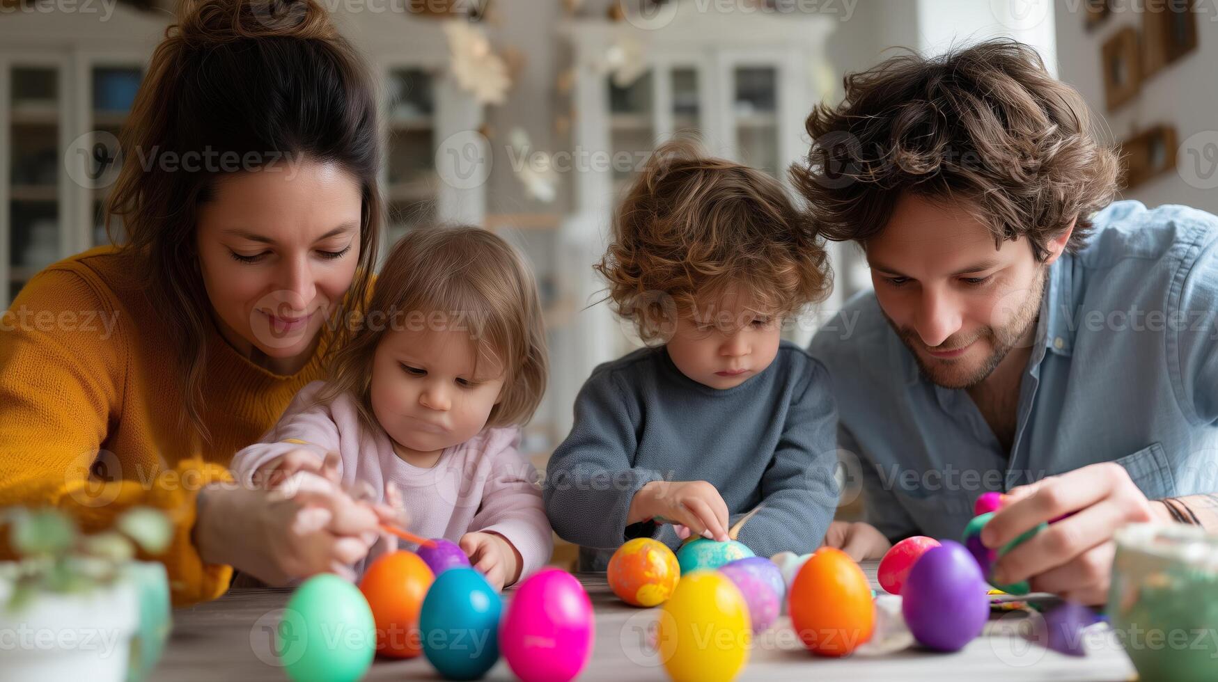 Families creating colorful decorations while enjoying quality time during an Easter-themed activity at home with children photo