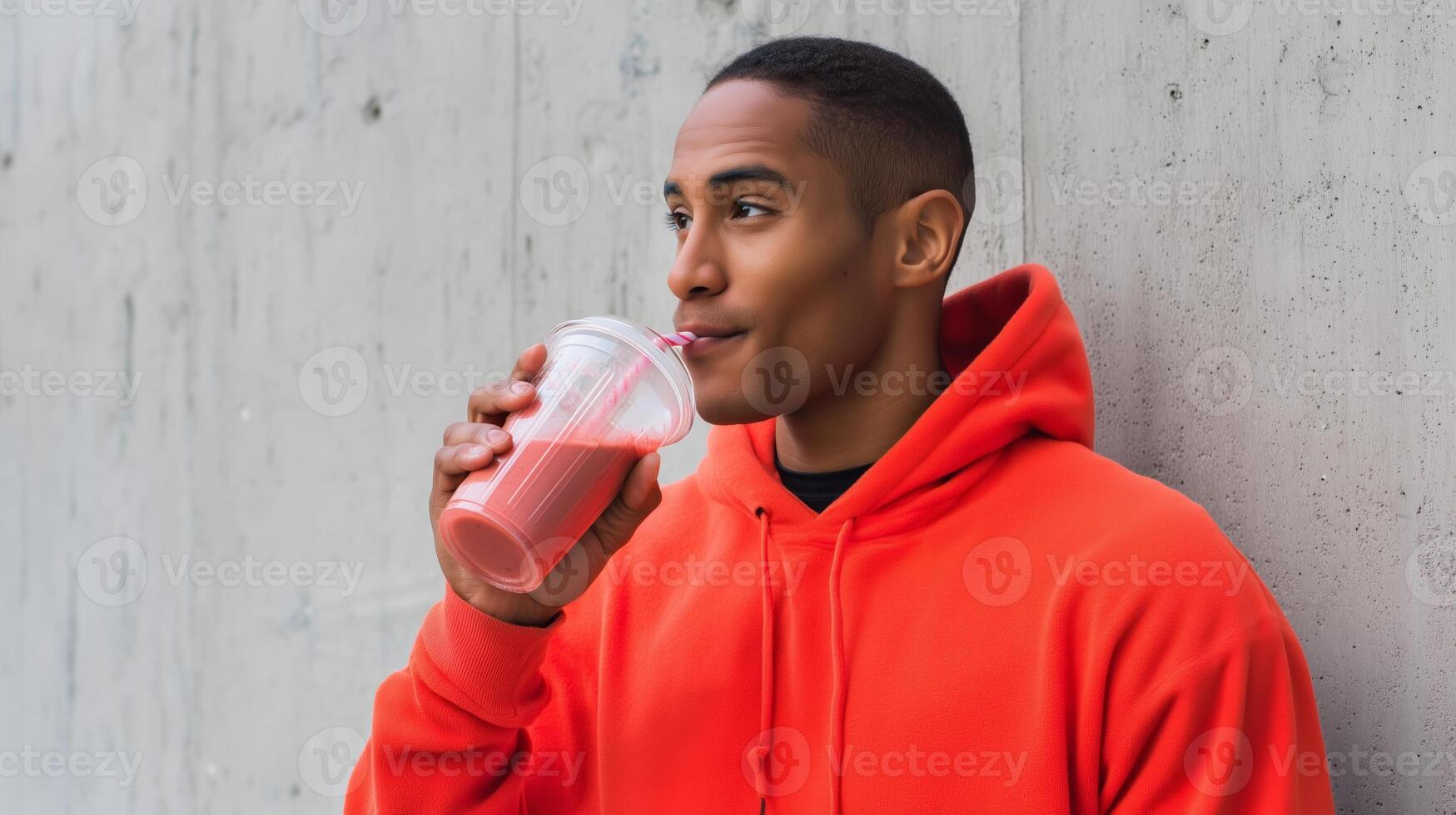 Young man enjoys a refreshing drink while leaning against a concrete wall in a casual urban setting photo
