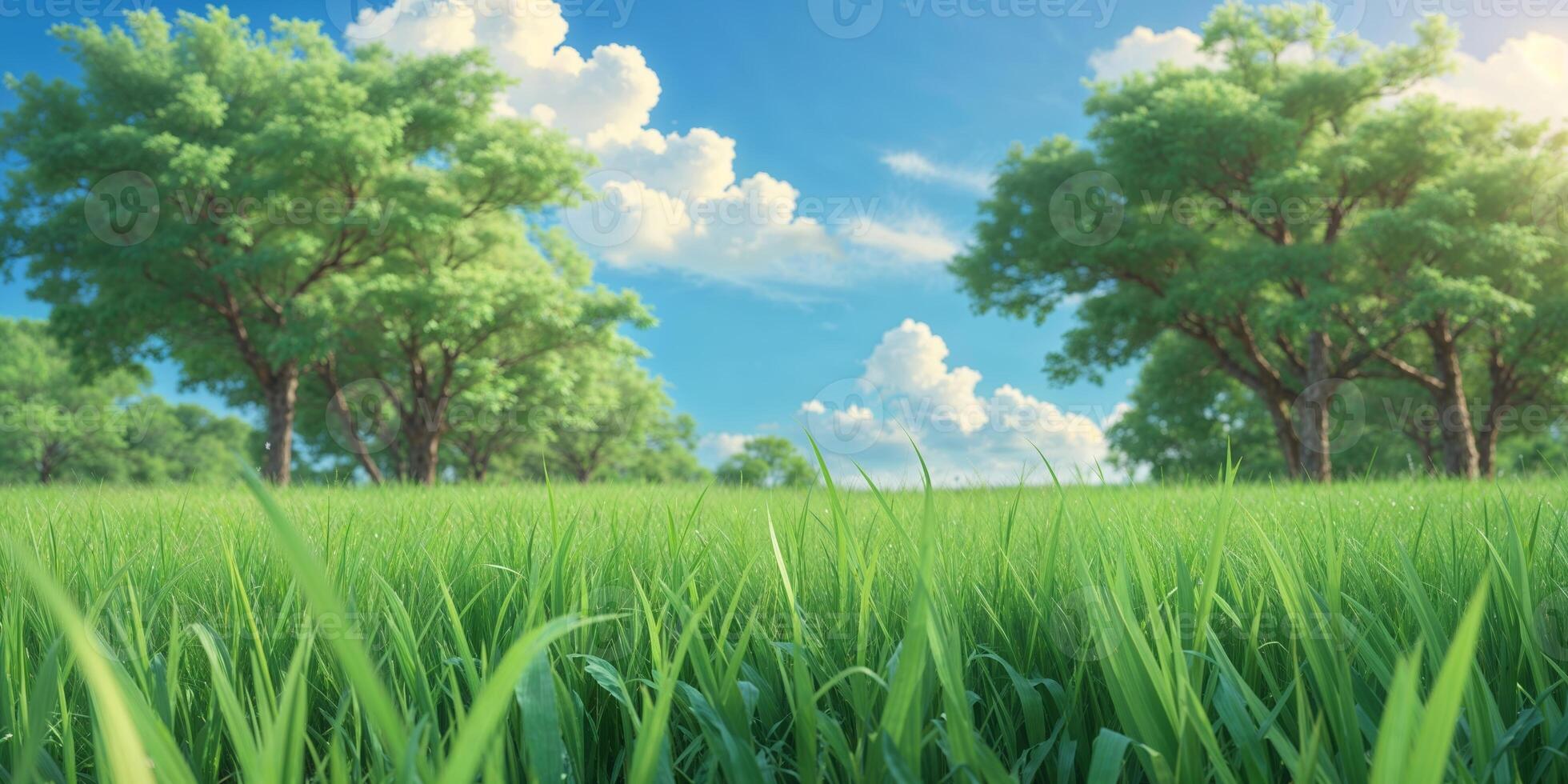 Lush green grass stretches across a bright landscape under a blue sky with fluffy white clouds and vibrant trees photo