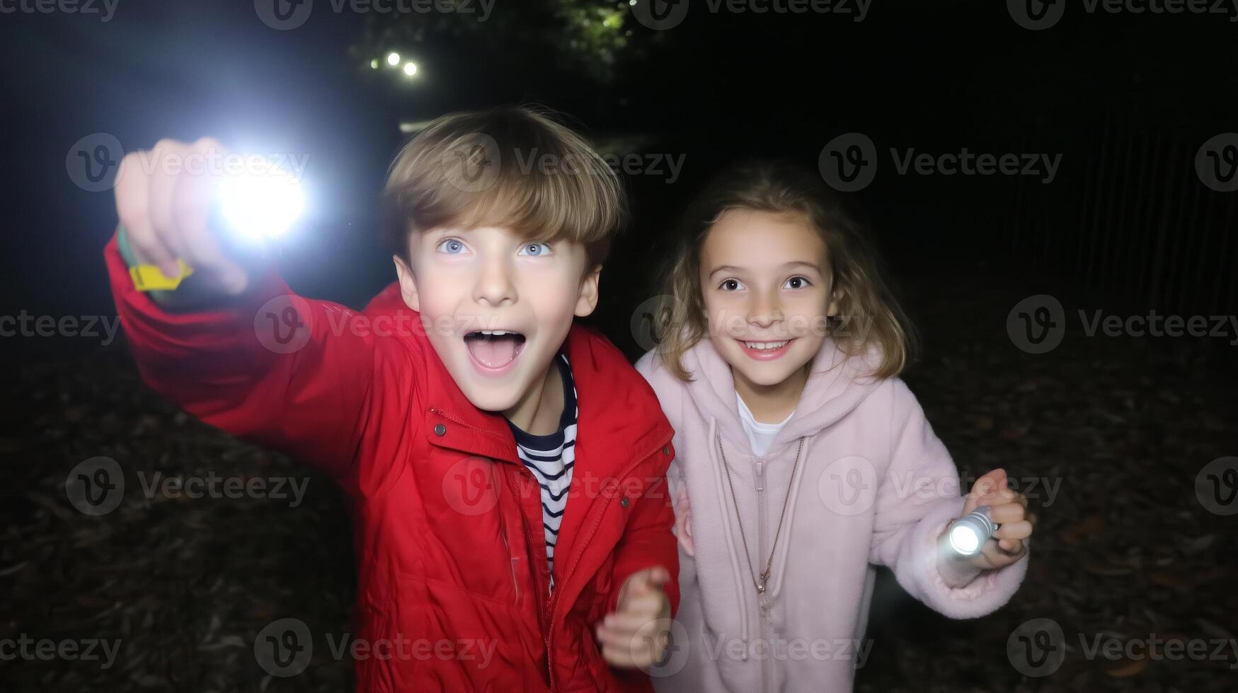 Children exploring a forest at night with flashlights, enjoying an adventure in the dark photo