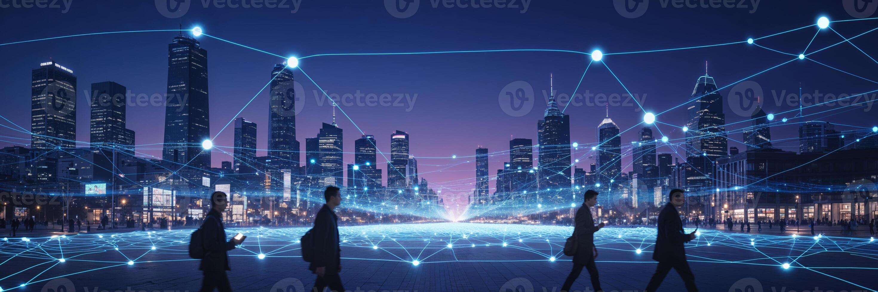 City skyline with digital network connections at dusk showcasing modern urban life and technology integration photo
