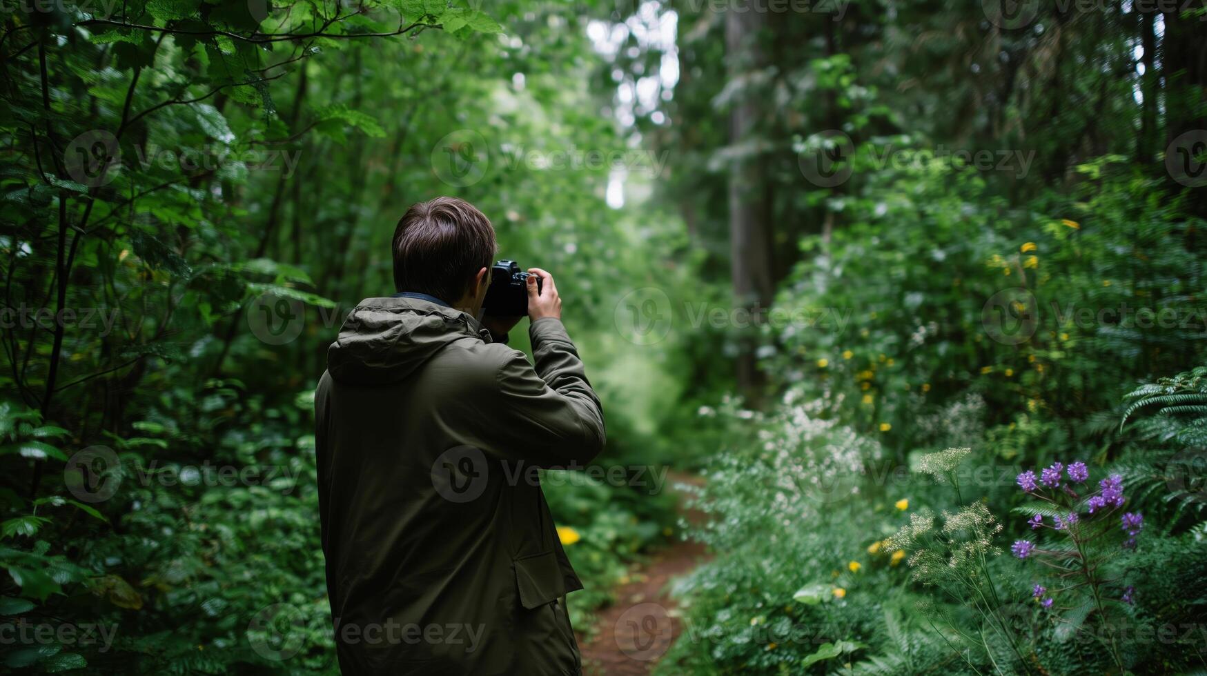 Nature enthusiast captures images in lush forest trail during a peaceful afternoon walk in scenic landscape photo