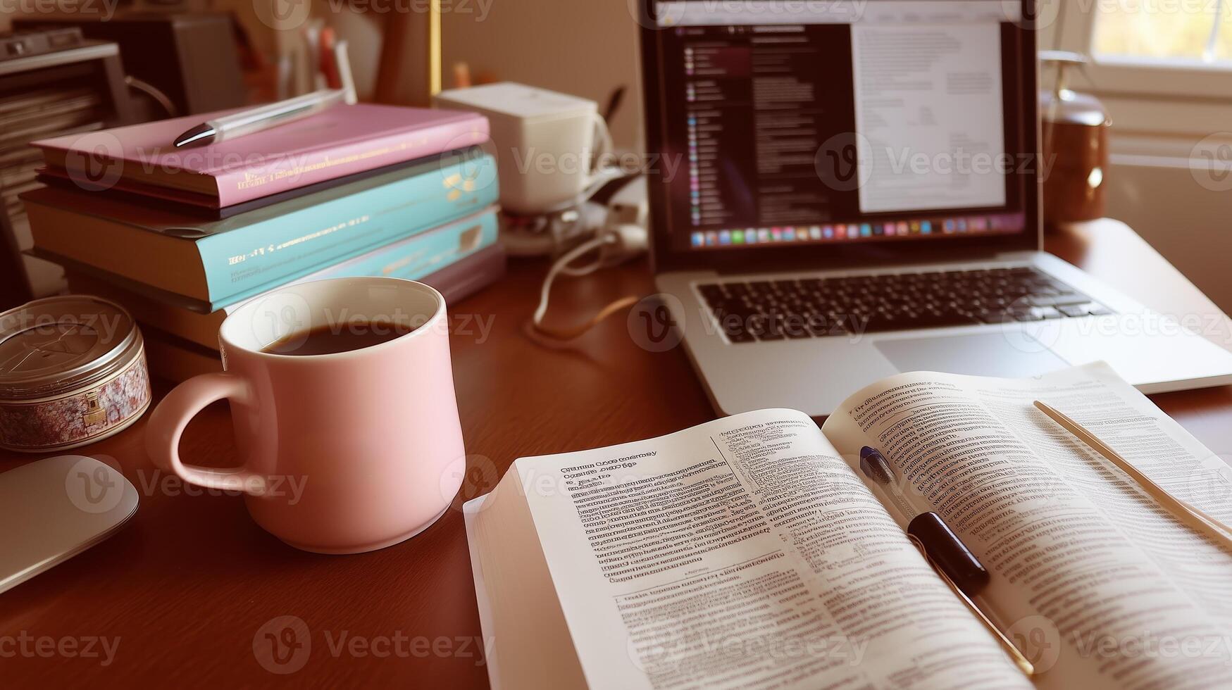 Student studying with textbooks and coffee in a cozy workspace during the afternoon photo