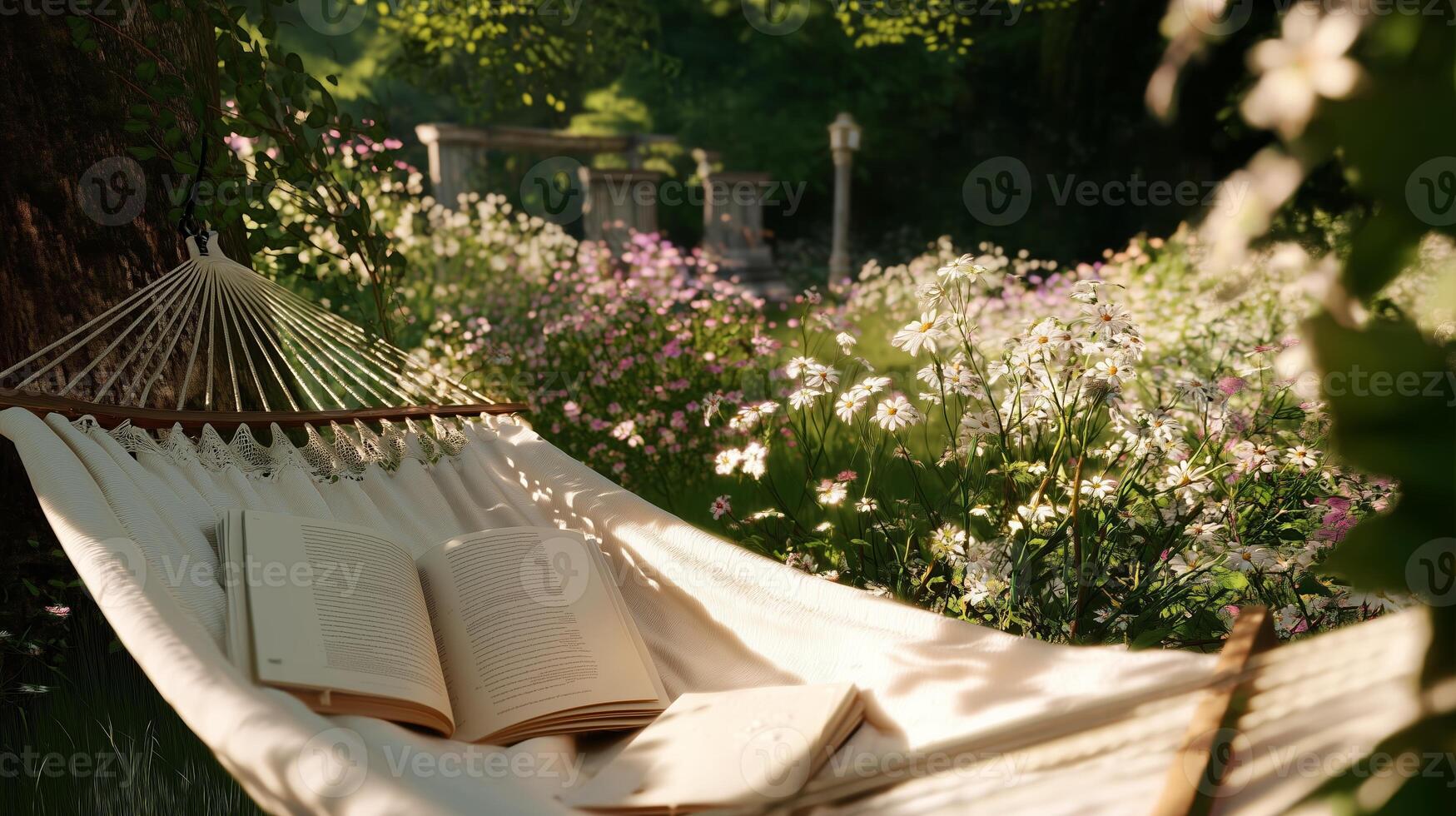 Relaxing afternoon in a garden hammock surrounded by blooming flowers and an open book photo