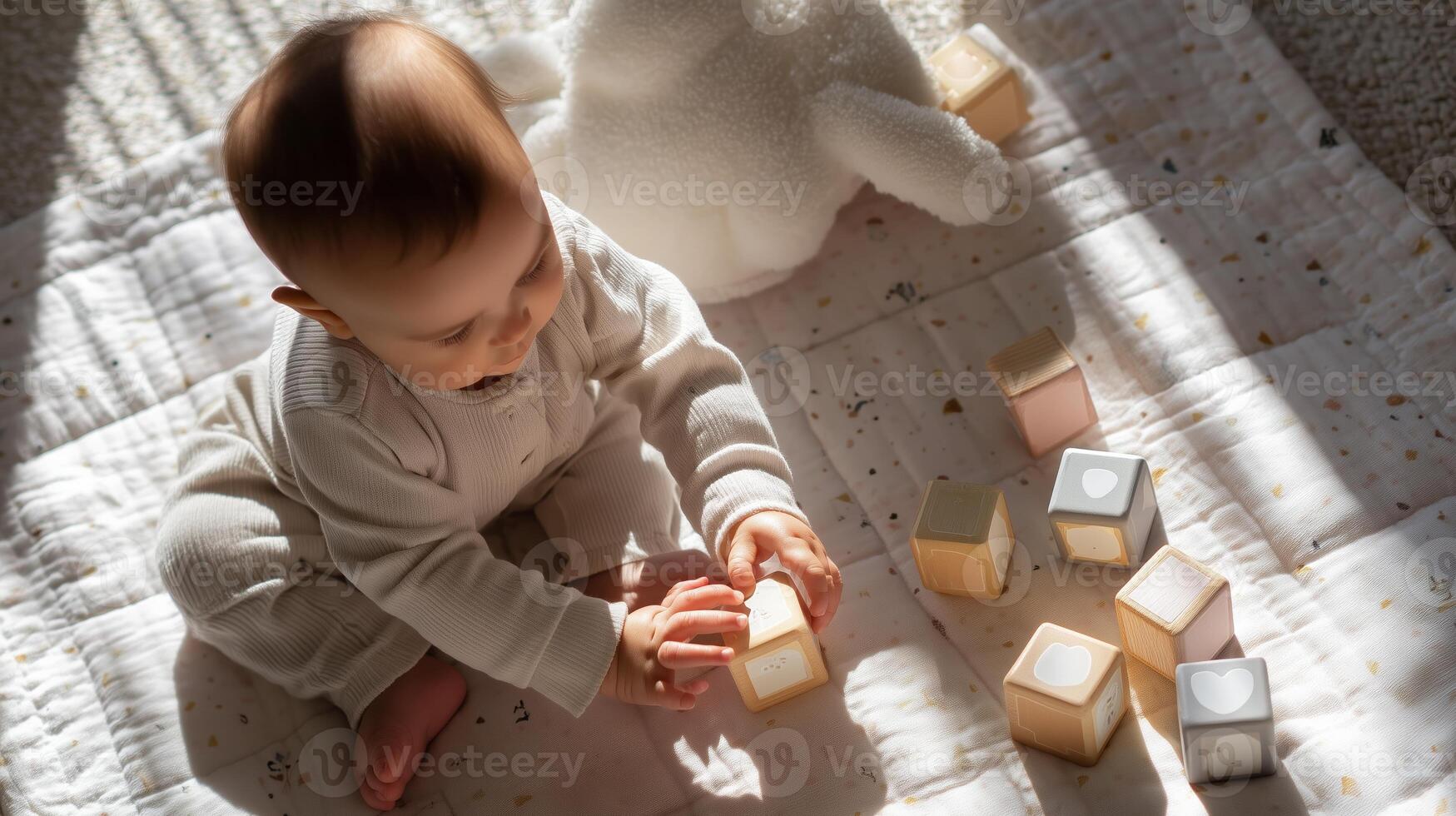 Baby playing with wooden blocks on a soft blanket in a sunlit room during morning hours photo