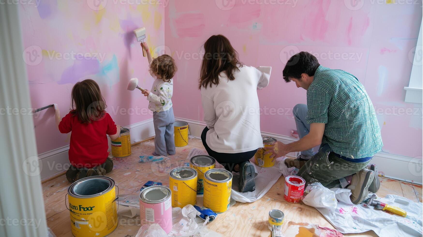 Family engages in colorful home renovation project while painting a cheerful room together in daylight photo