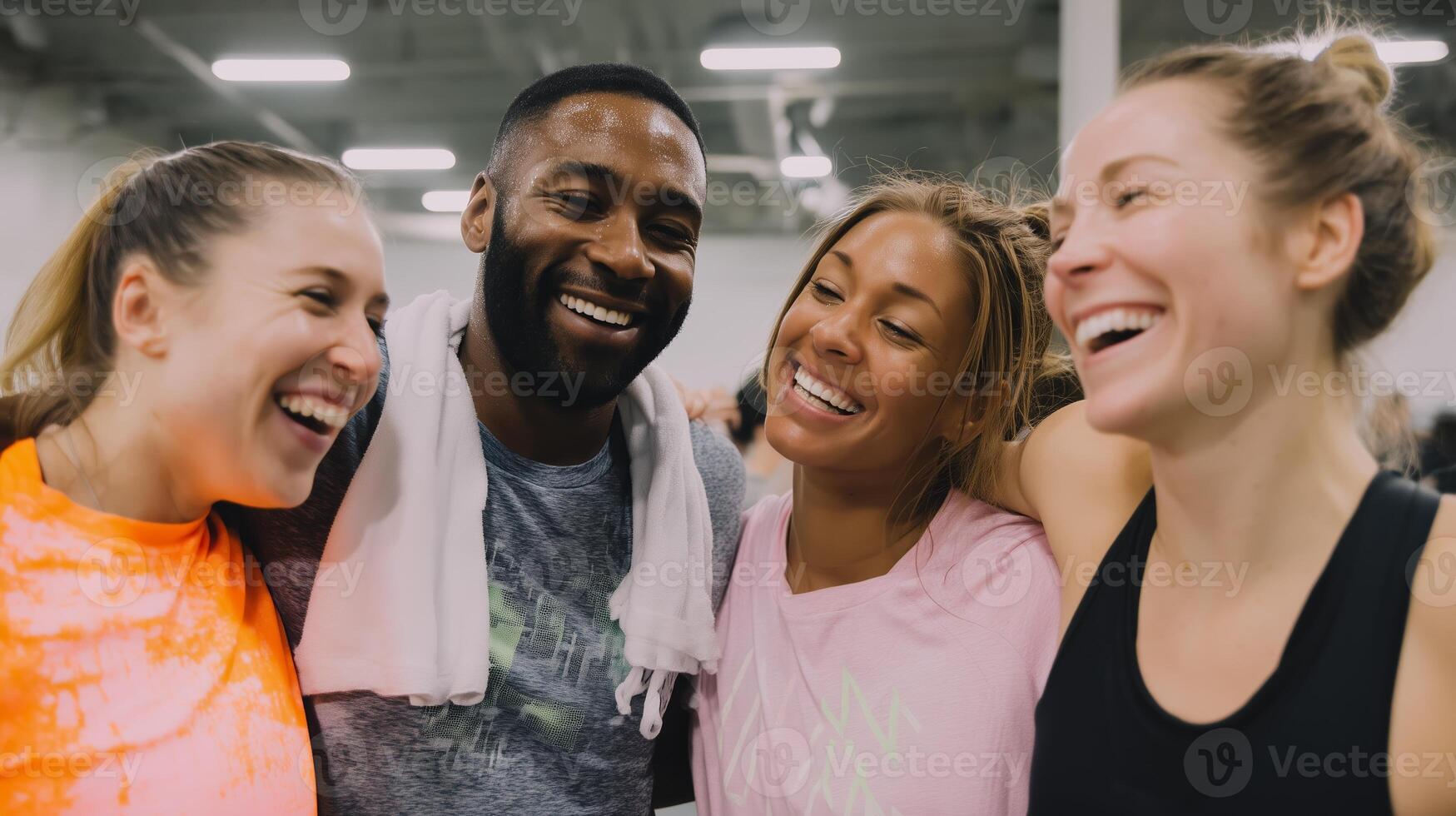 Friends enjoying post-workout fun and laughter at the gym photo