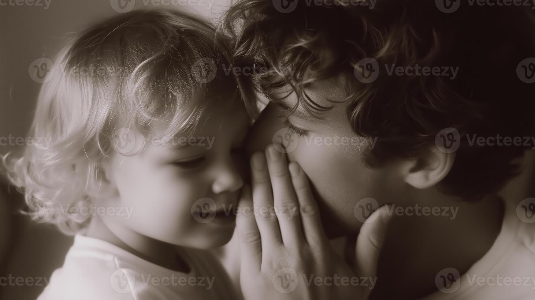 Intimate moment between a father and child sharing a secret in a softly lit room photo