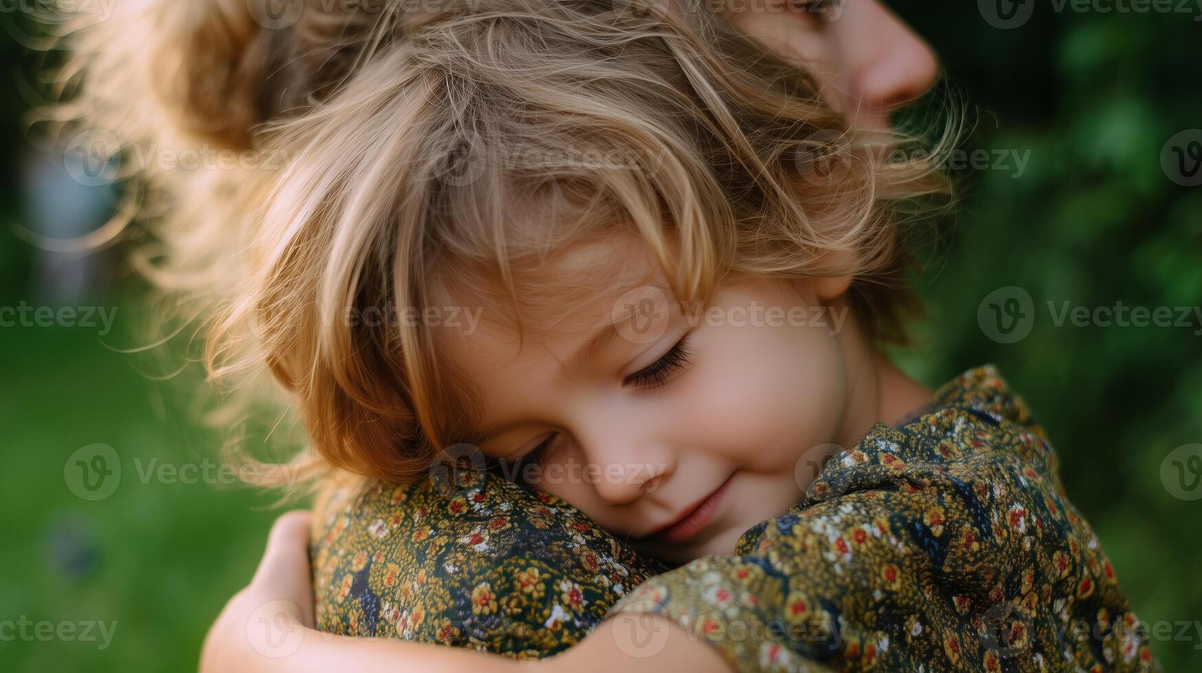 Loving embrace between parent and child in a serene outdoor setting during golden hour photo