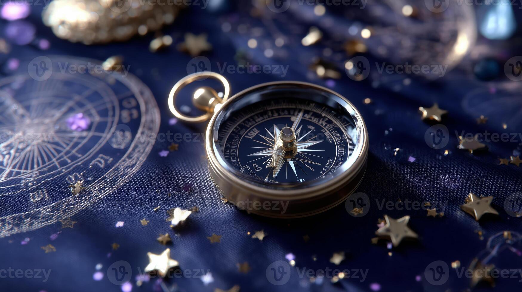 Vintage compass resting on a starry map at night evoking a sense of adventure and exploration photo