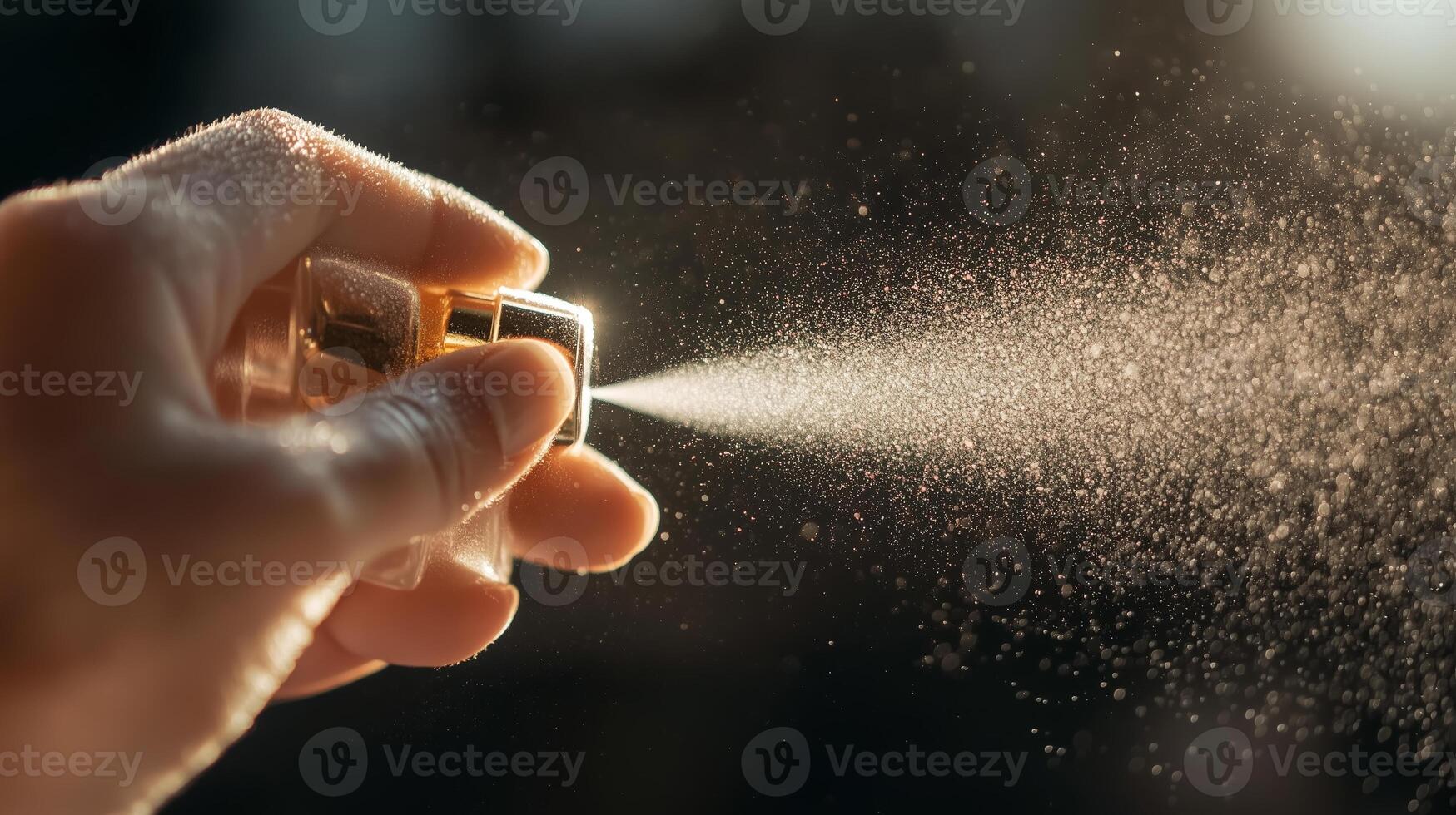 Hand sprays fine mist of liquid in warm sunlight creating an ethereal atmosphere over a blurred background photo