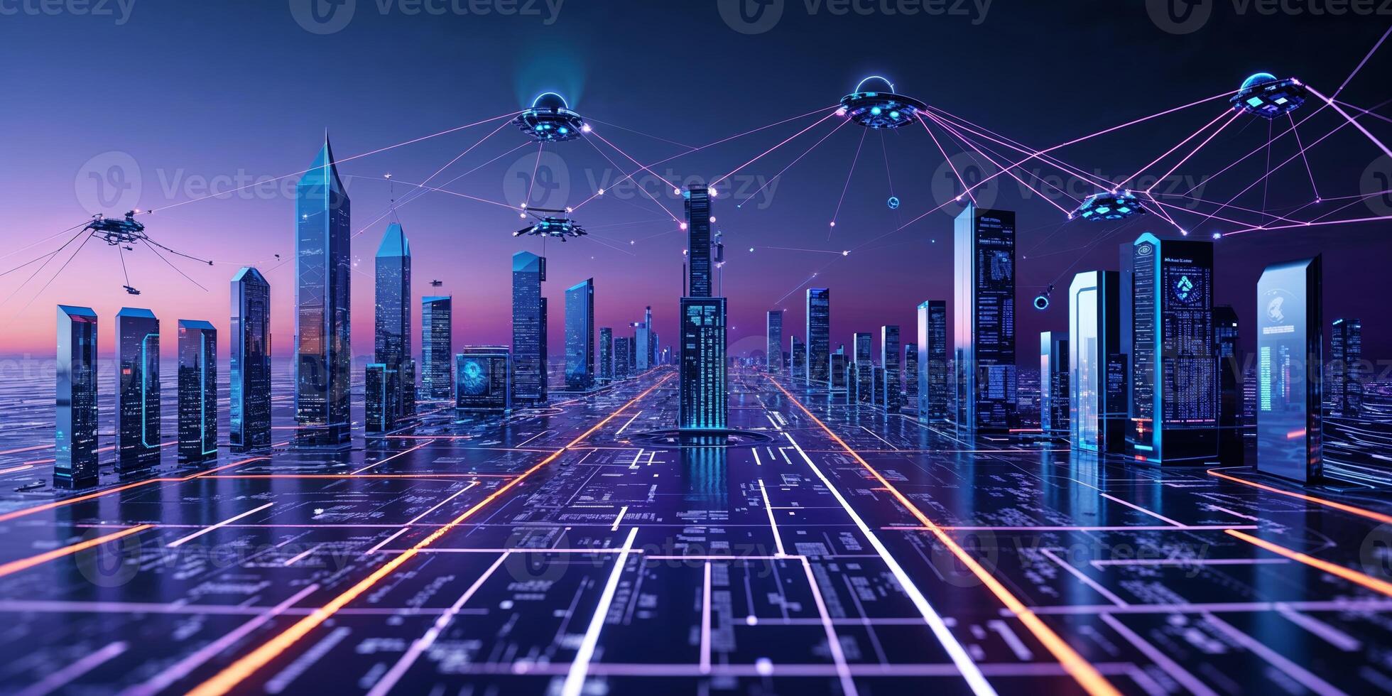Futuristic city skyline showcasing flying drones and advanced technology at twilight photo