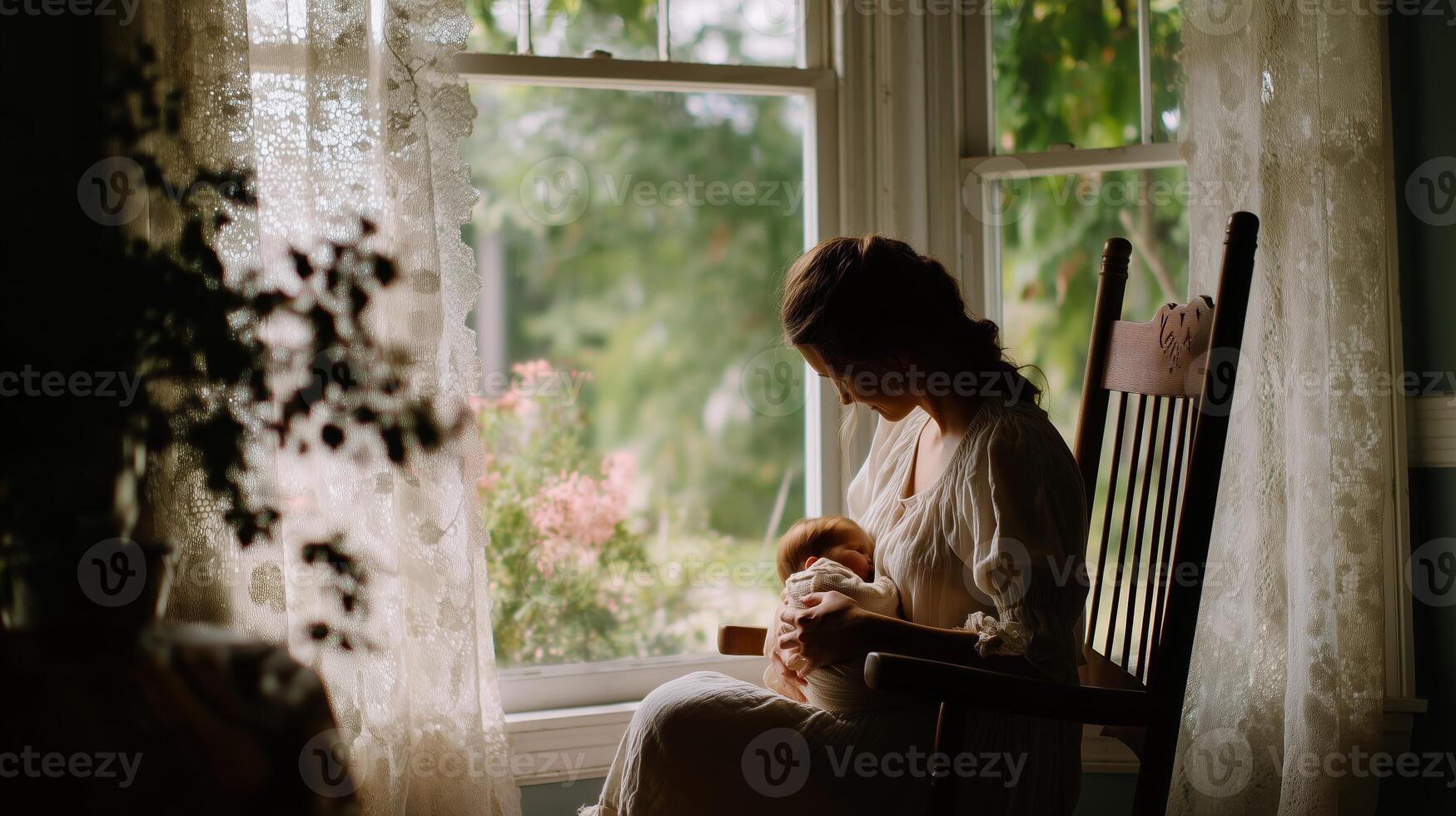 Mother nurses baby in rocking chair by the window in a sunlit room surrounded by plants and soft curtains photo