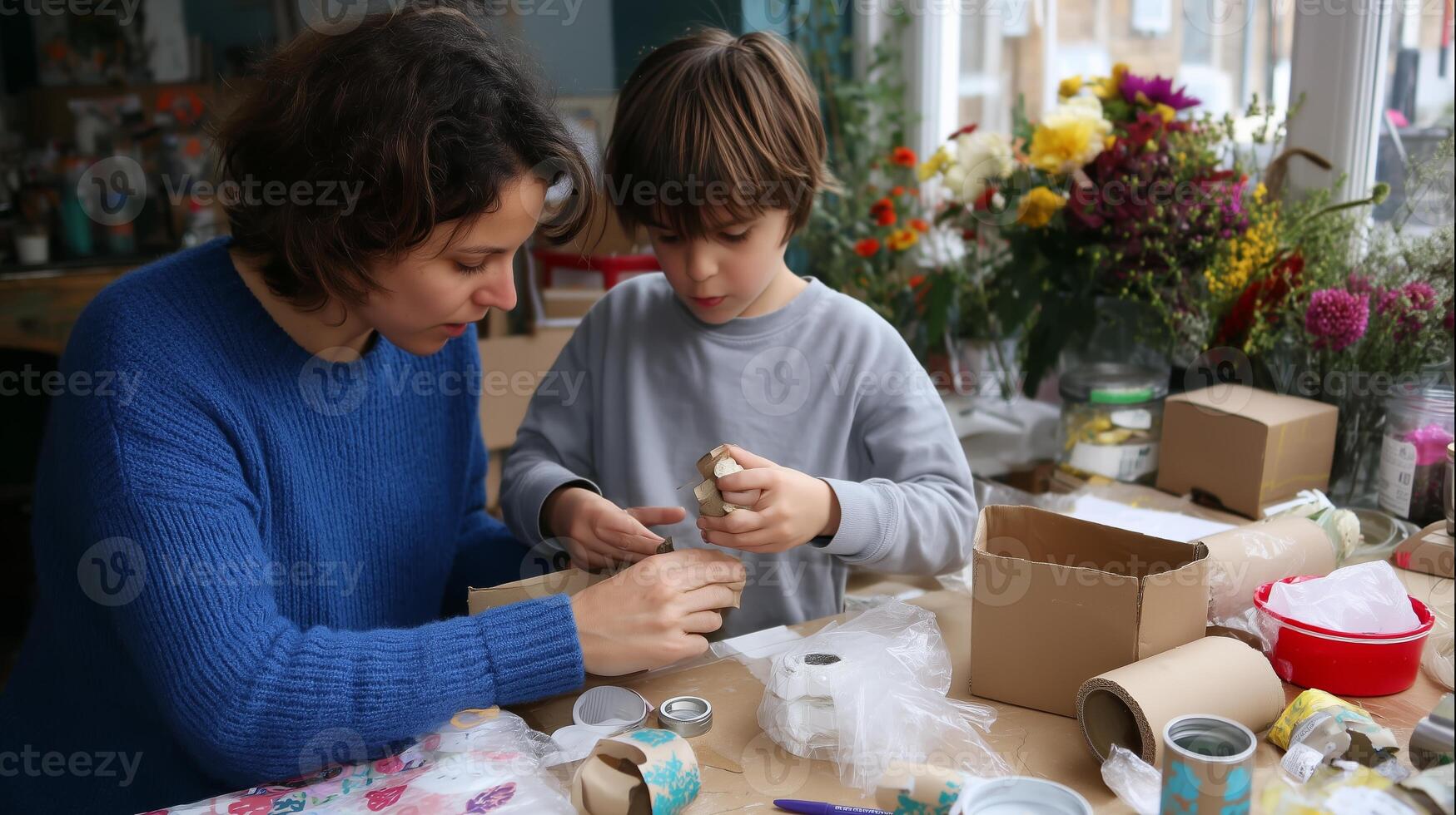 Creative crafting session between a parent and child in a colorful workspace with flowers during the afternoon photo