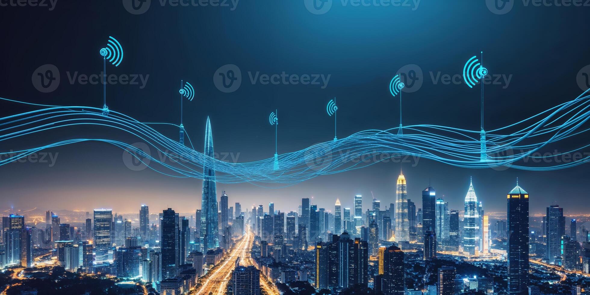 Urban skyline illuminated at night with digital signals representing connectivity and technology advancements in a modern city photo
