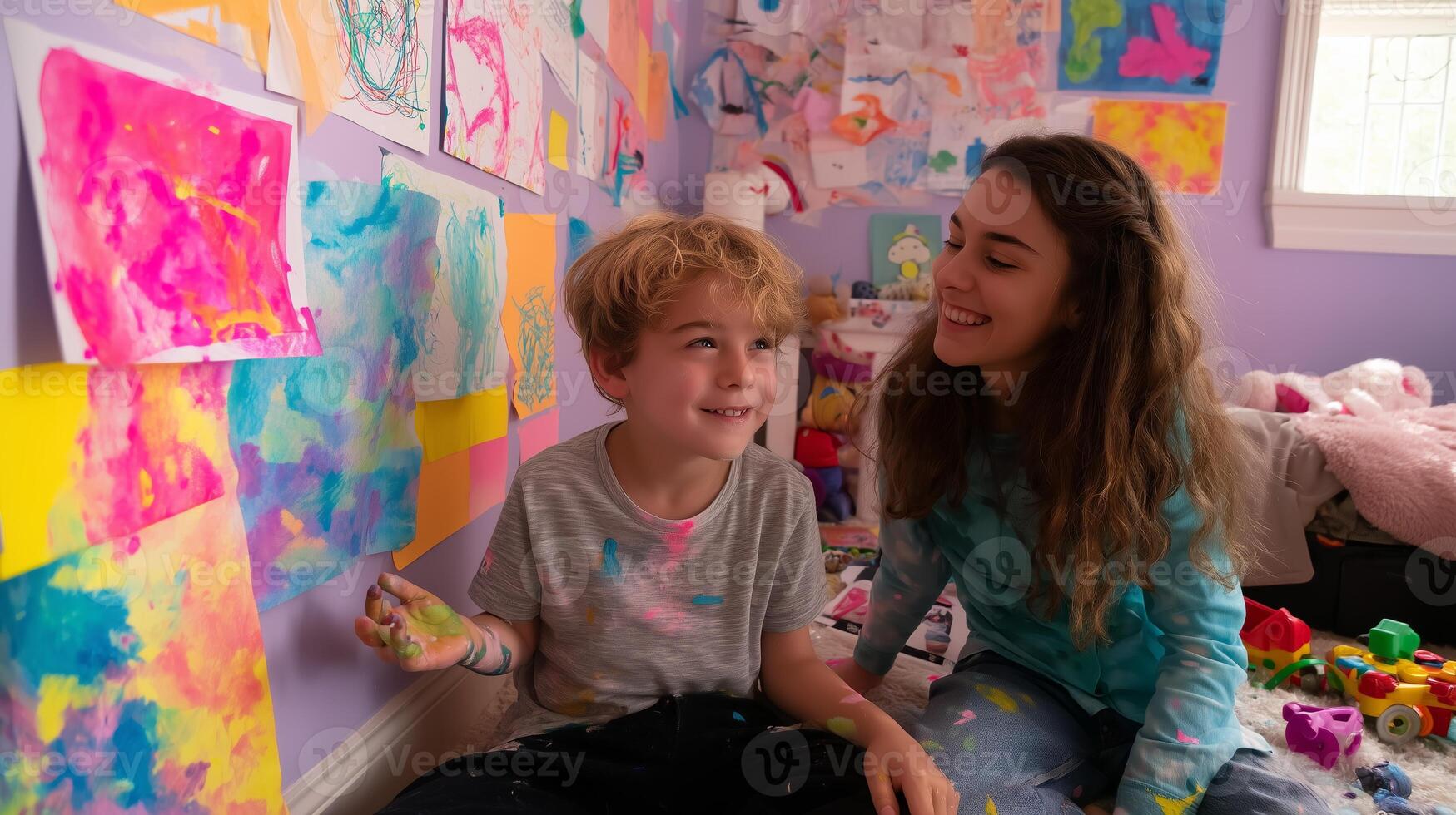 Children play and create colorful artwork in a bright room adorned with their creative expressions photo