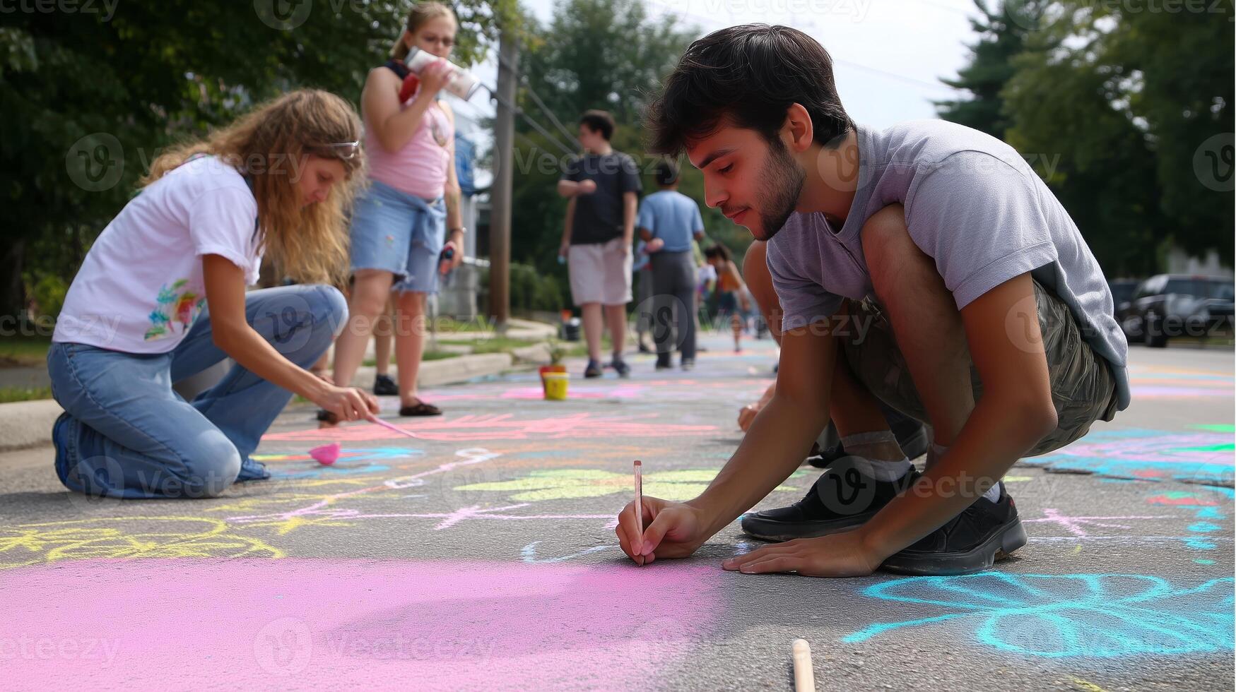 Creative street art event attracts community members of all ages as they paint colorful designs on the pavement in the afternoon photo
