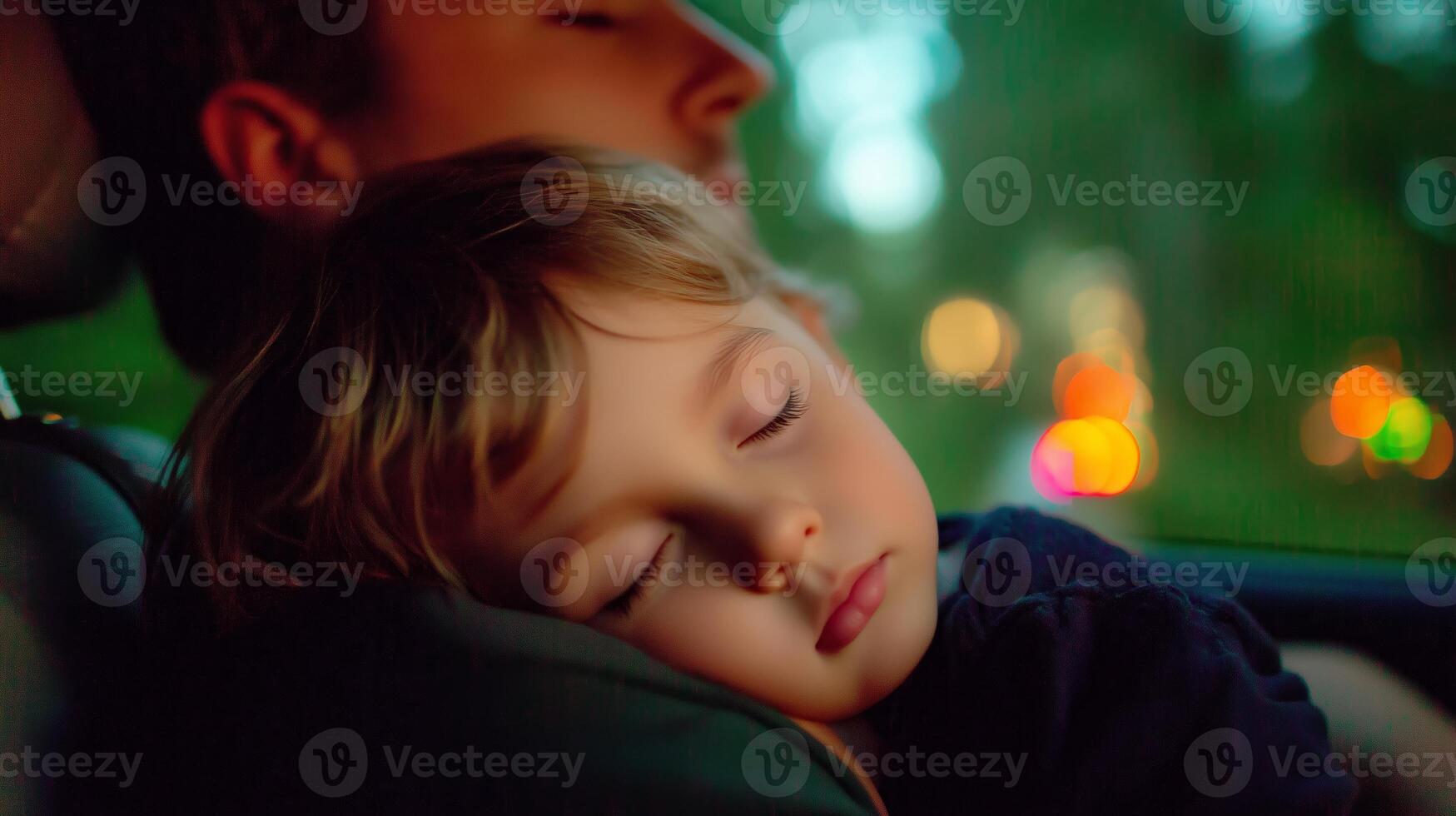 Father and son enjoy a peaceful moment of sleep together in car during sunset on a summer evening in the city photo