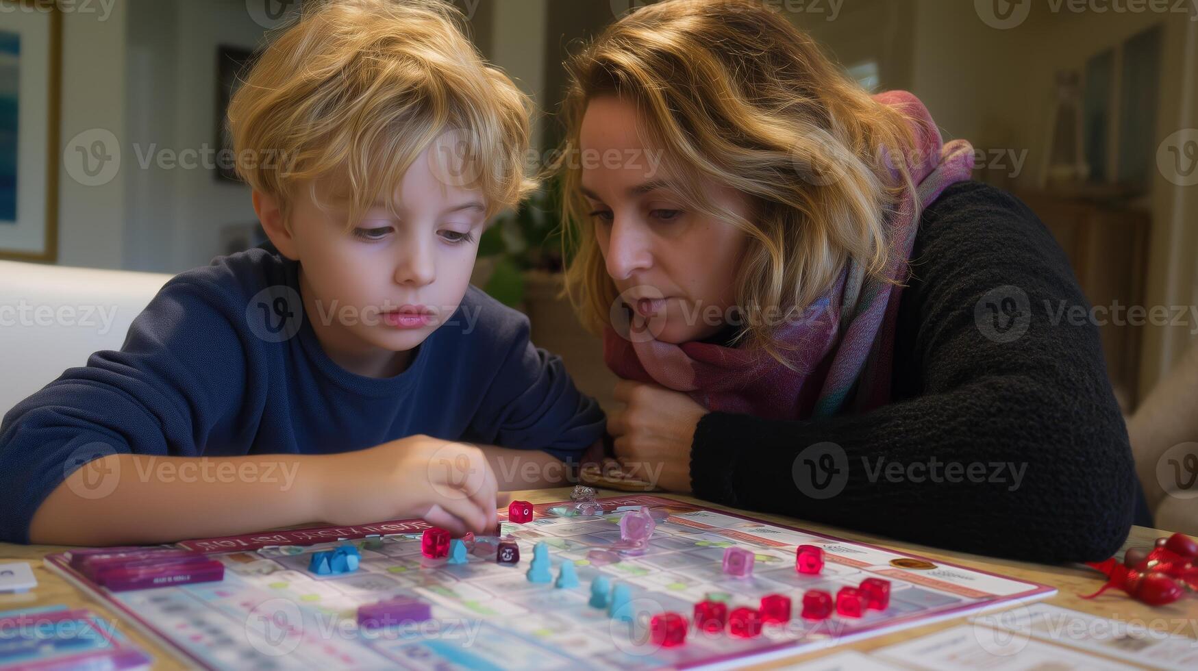 Family game night includes a child and adult engaged in a board game at home in the evening photo