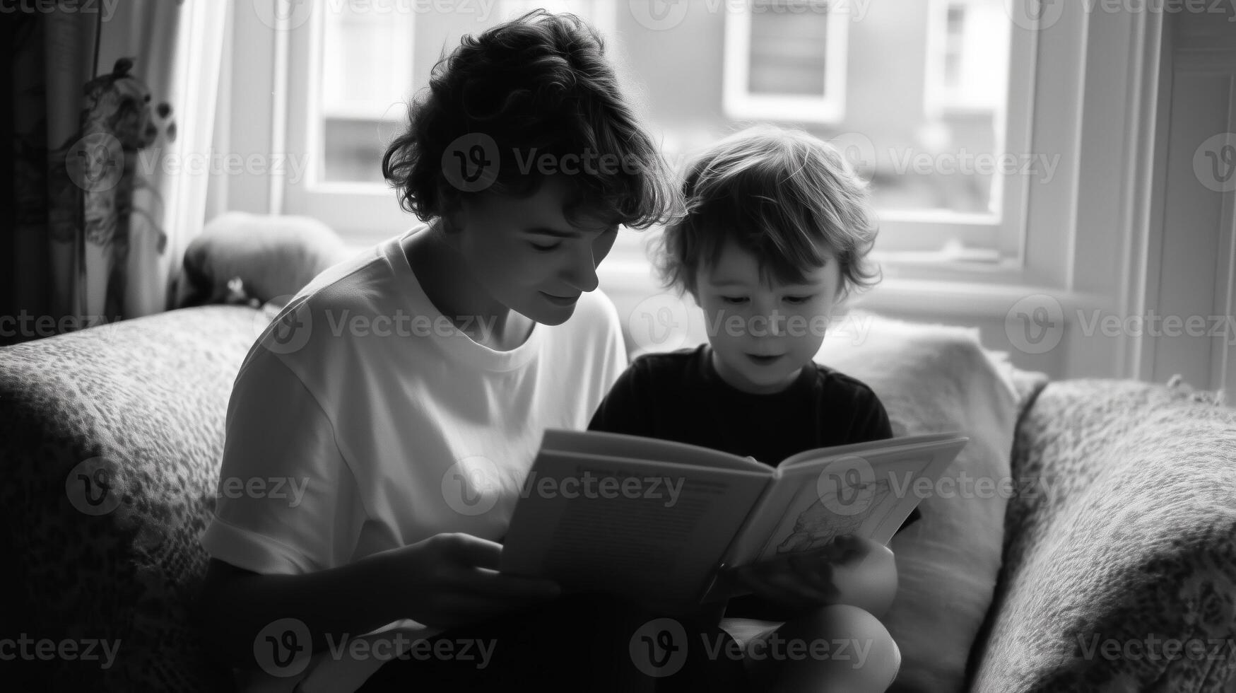 Mother and child share an intimate reading moment by the window on a rainy afternoon photo