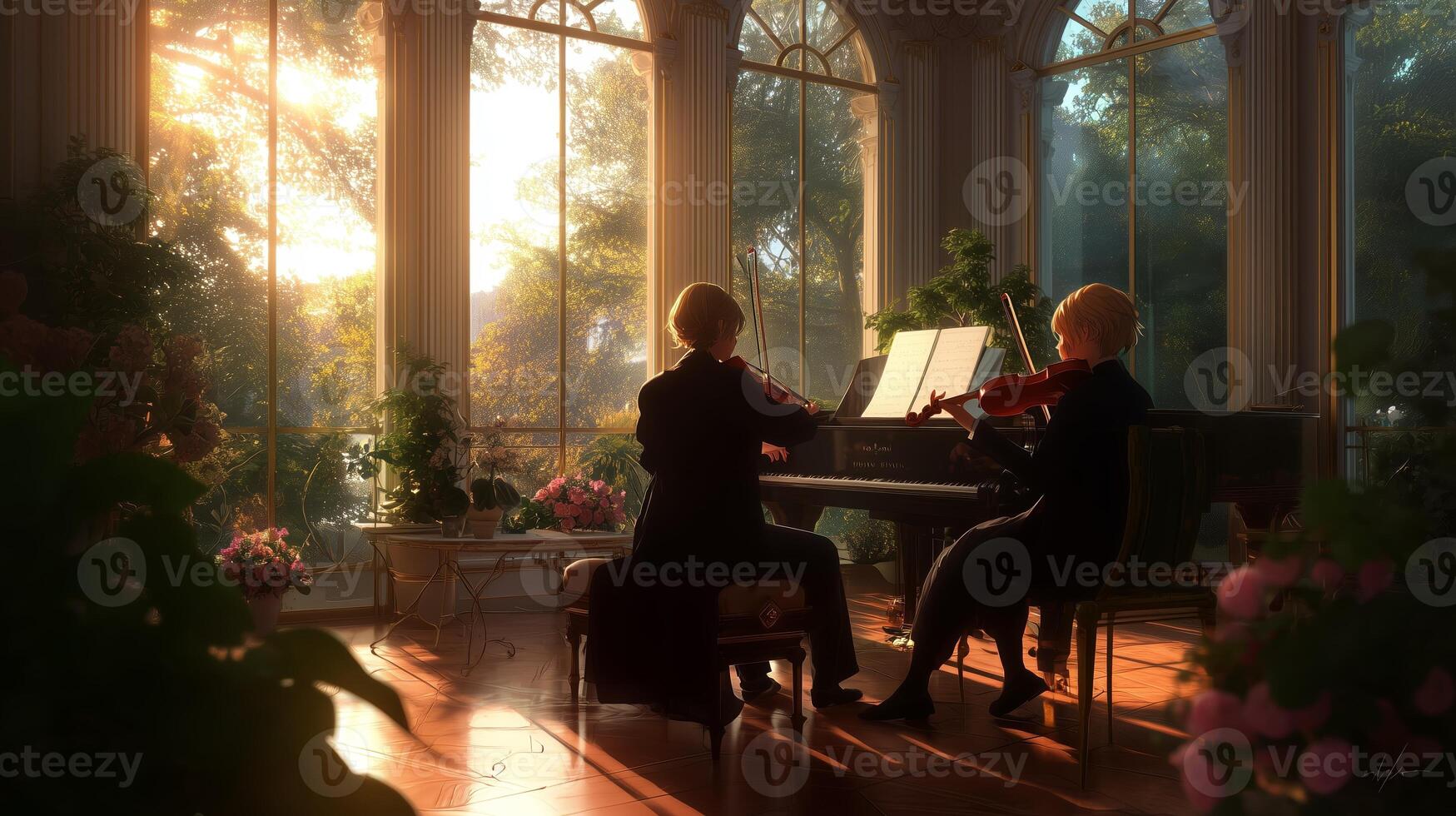 Musicians perform an intimate duet in a sunlit conservatory surrounded by lush greenery photo