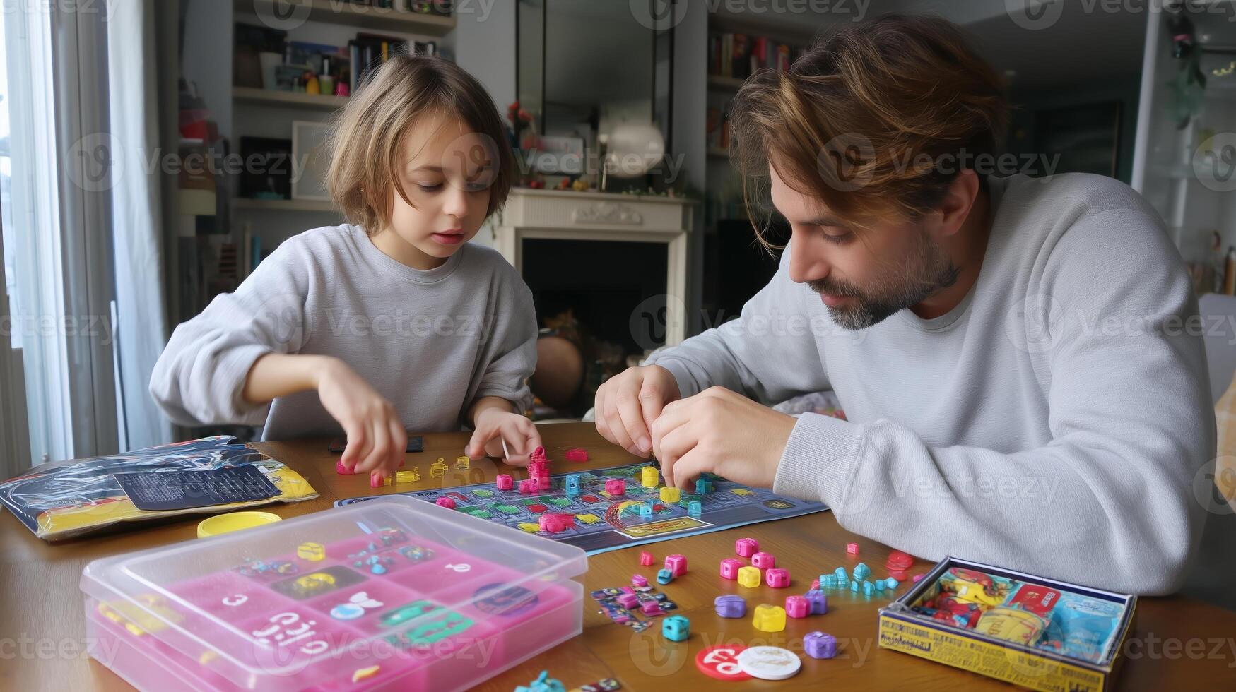 Family bonding time during a fun board game afternoon at home with creative pieces and bright colors photo