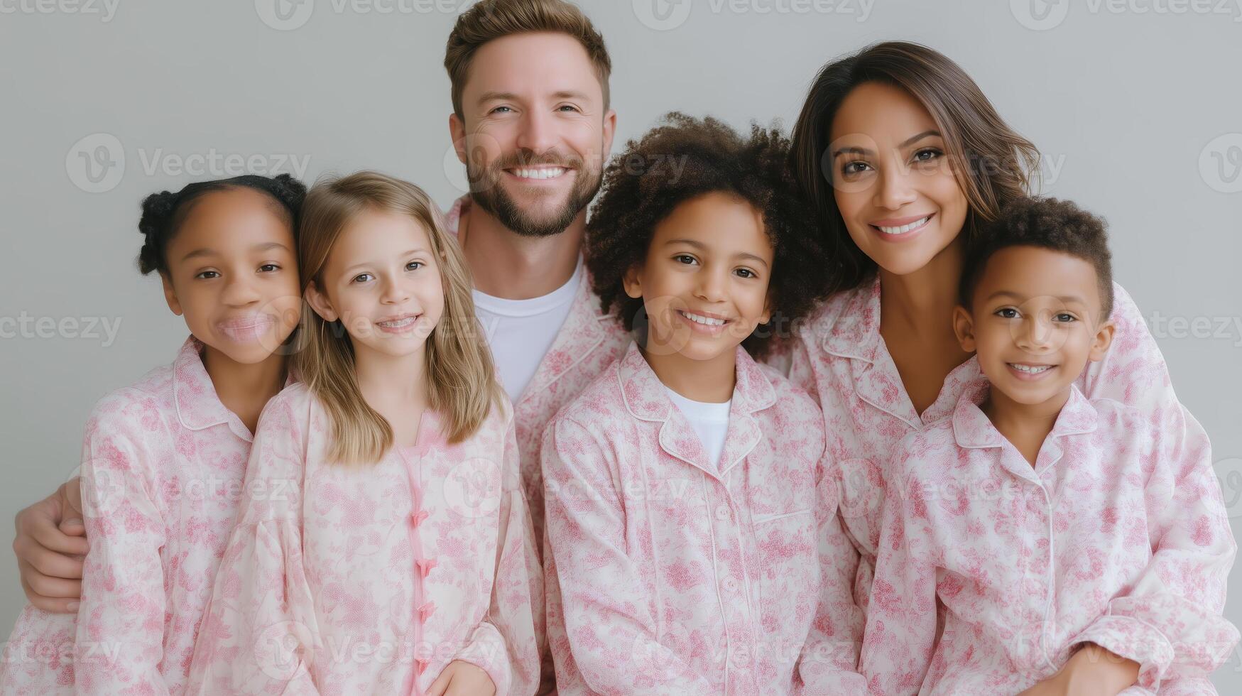 Family bonds strengthen during cozy pajama time with joyful kids smiling together in a light-filled room photo
